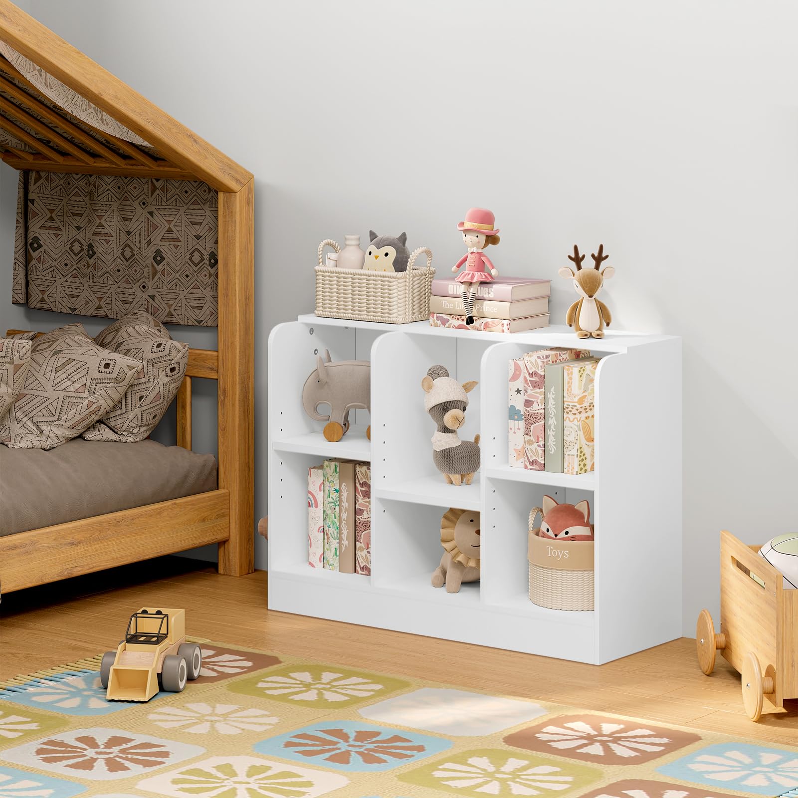 Lestarain Bibliothèque Enfant, Étagère à 6 Compartiments, Meuble Rangement avec Étagères Réglables, pour Chambre d'Enfant, Salle de Jeux, 91,5x30x60cm, Blanc