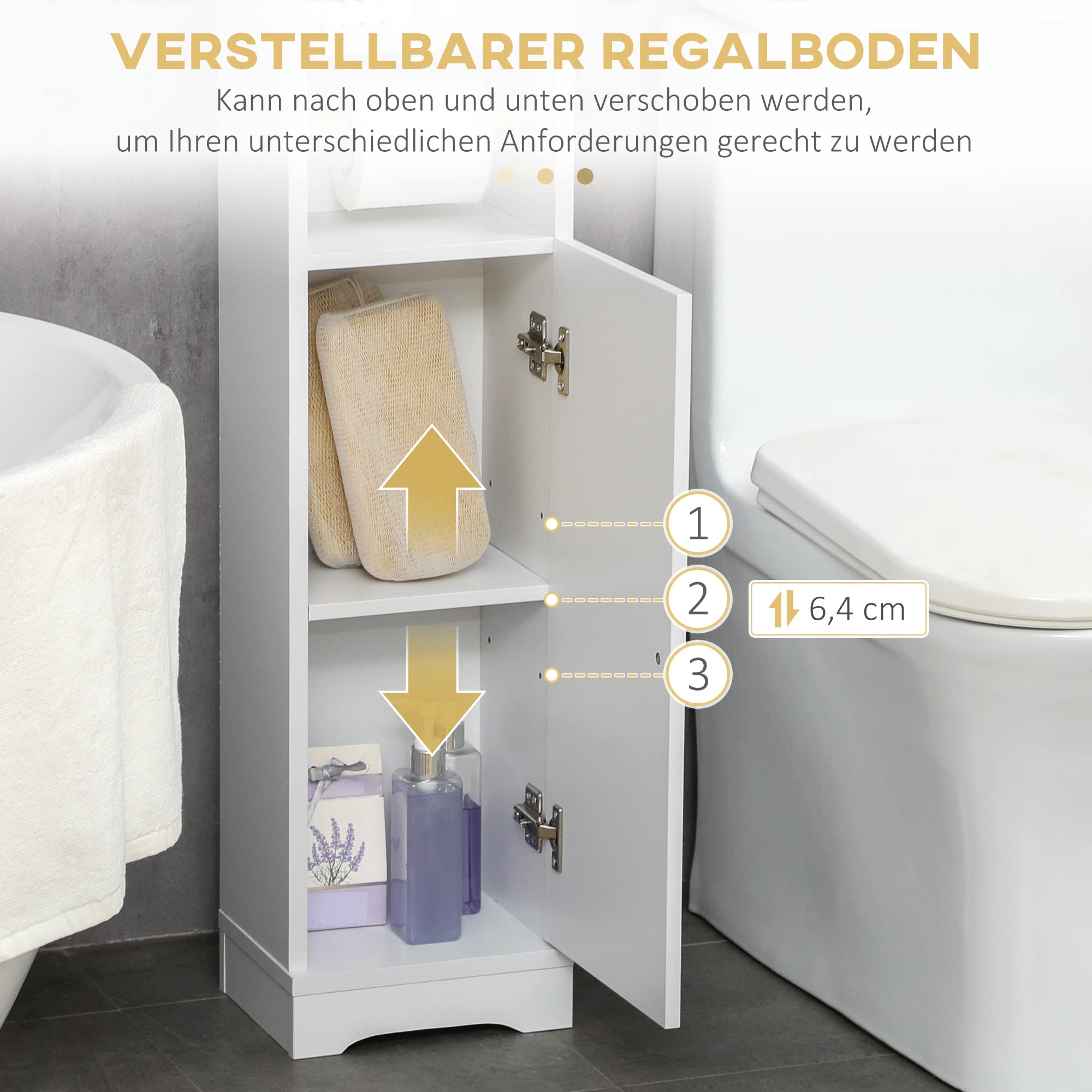 kleankin Badezimmerschrank Badschrank mit 2 Offenen Ebenen, Schrankfach, Eckschrank mit Toilettenpapierhalter, Toilettenschrank für Bad, Weiß, 23 x 18 x 100 cm
