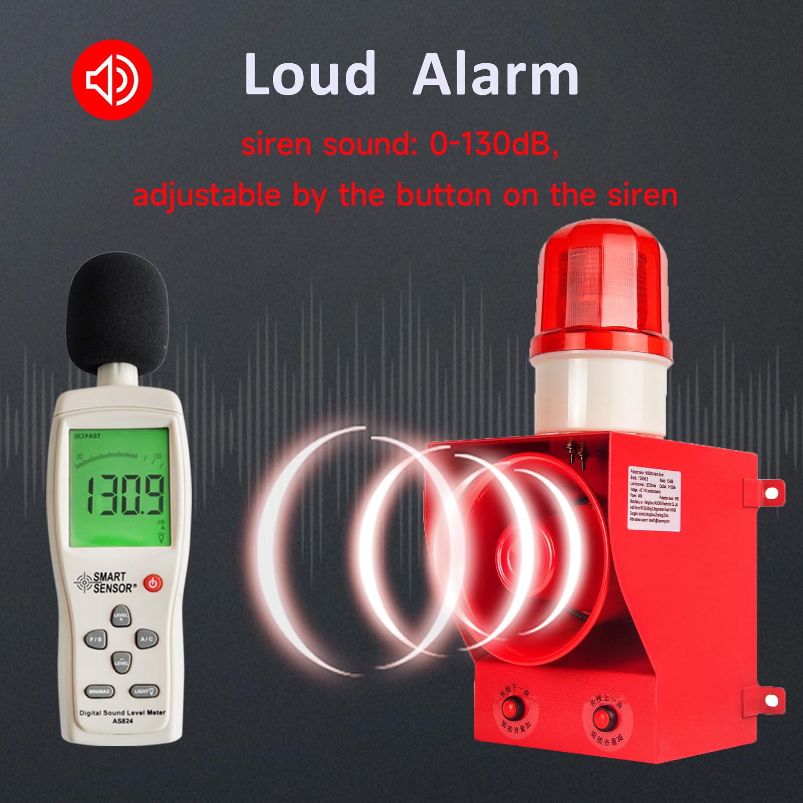 Y DIANS S Alarm Siren 0-130dB 12 Horn Tones Switchable 45W High Power Alarm Systerm for Noisy Environment Emergency Alarm Range of 100-150 Meters - Fire Tornado Alarm AC110V-120V Red