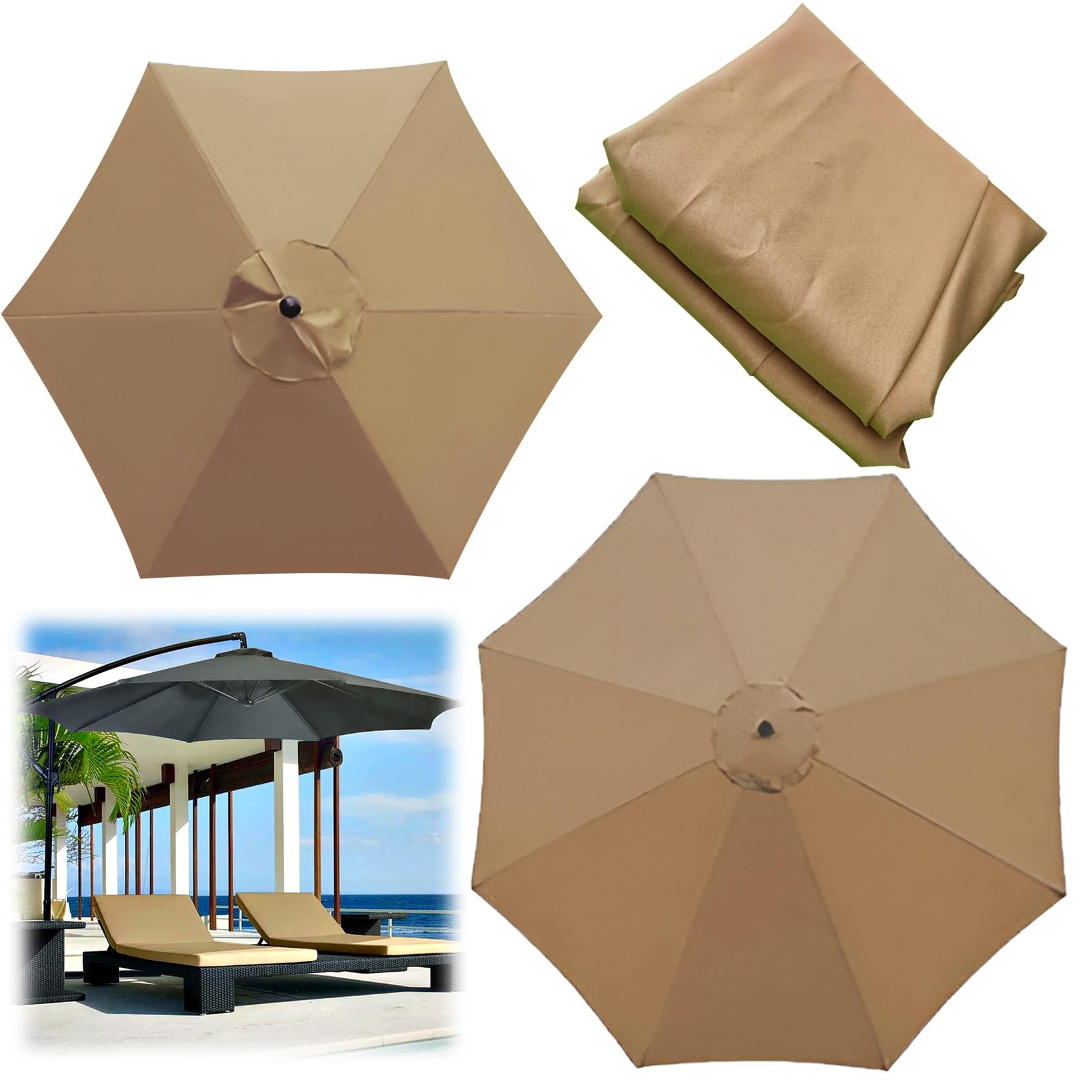 Replacement Parasol Canopy, 2/00270/300 CM Market Table Umbrella Cloth Replacement Fit 6/8 Arms Patio Umbrella Outdoor Deck Parasol Cover Lawn Pool(Color:Khaki,Size:8 ribs-3m(9.8ft)) — image 1