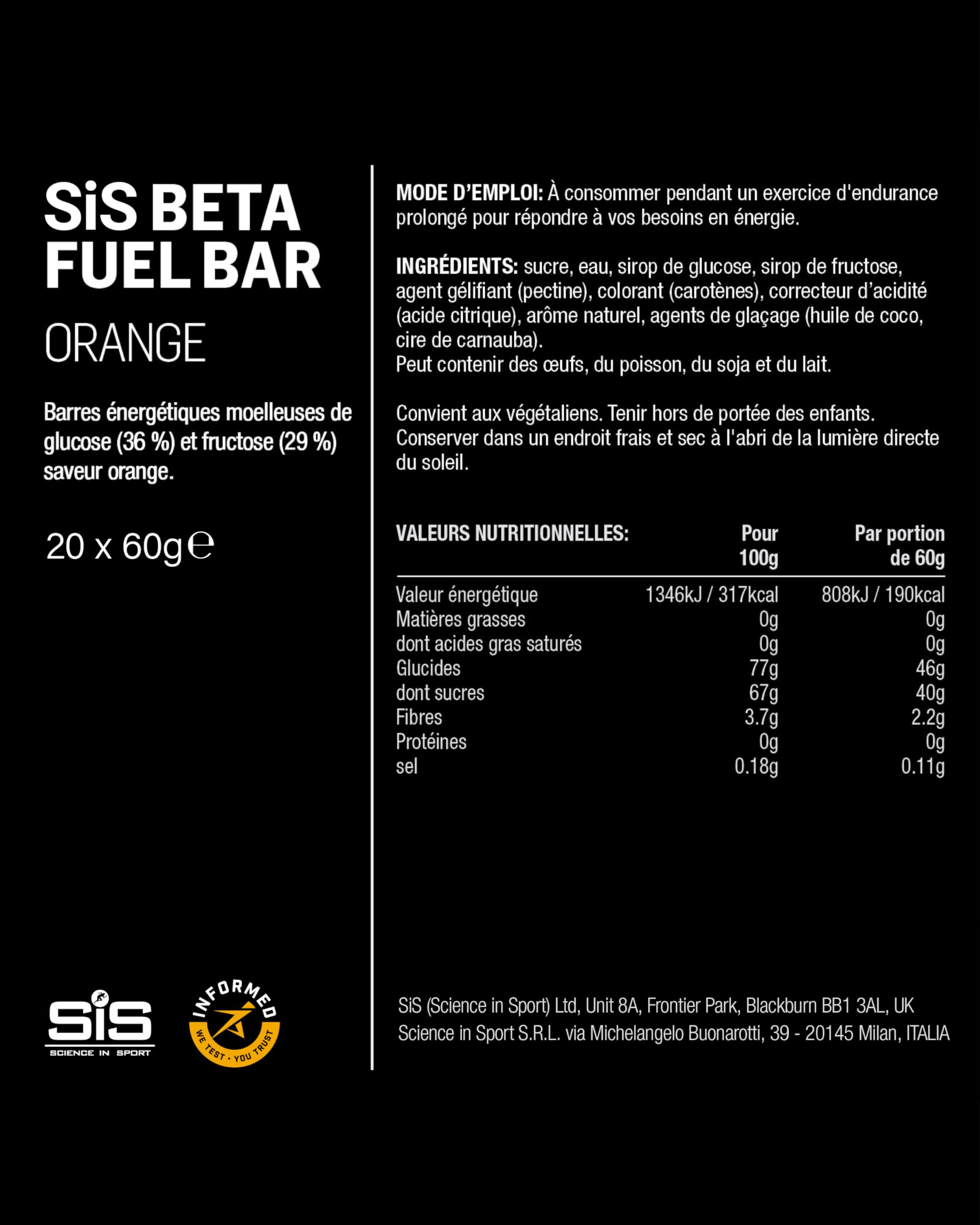 Science in Sport BETA Fuel Barres 20 x 60g Orange - Barres énergétiques véganes avec 46g de glucides, délicieuses barres comme source e d’énergie pour l’entraînement de force