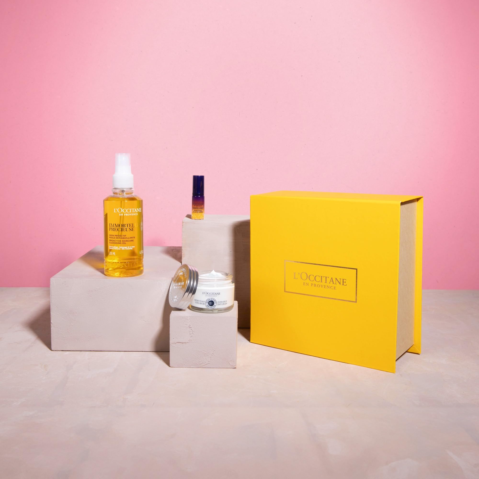 L'OCCITANE Zestaw do pielęgnacji twarzy, olejek oczyszczający Immortelle Précieuse, reset serum i bardzo bogaty krem do twarzy shea, wyprodukowany we Francji