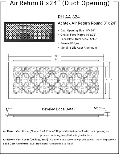 Miniatura 8 de Achtek - Cubierta de ventilación para parrilla de retorno de aire de aluminio fundido sólido de 8 x 24 pulgadas, con recubrimiento en polvo, (total