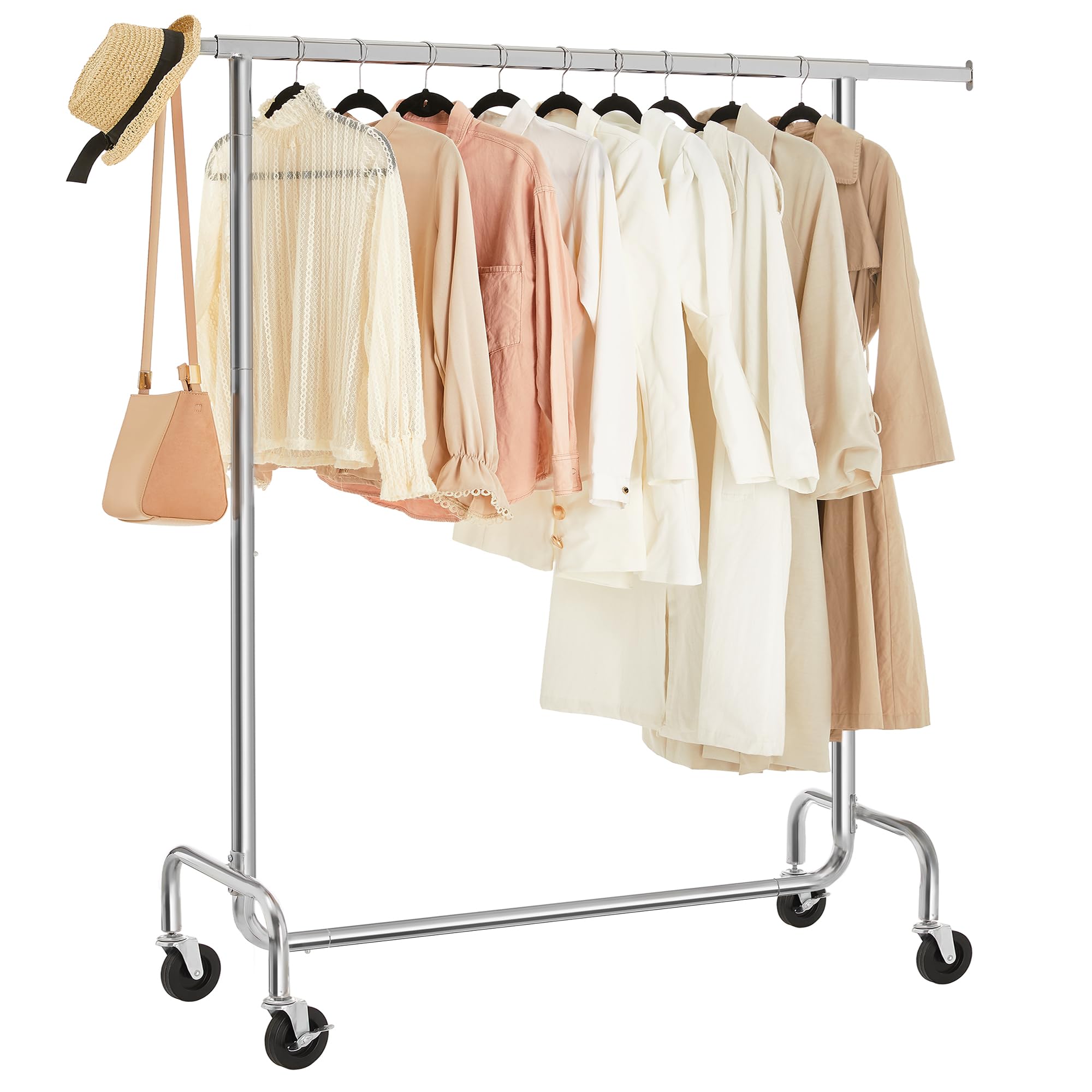 SONGMICS Heavy Duty Clothes Rail Adjustable Metal Chromed Garment Rack, Maximum Capacity Silver 130 Kg, 3.6-4.9 ft Long, HSR11S