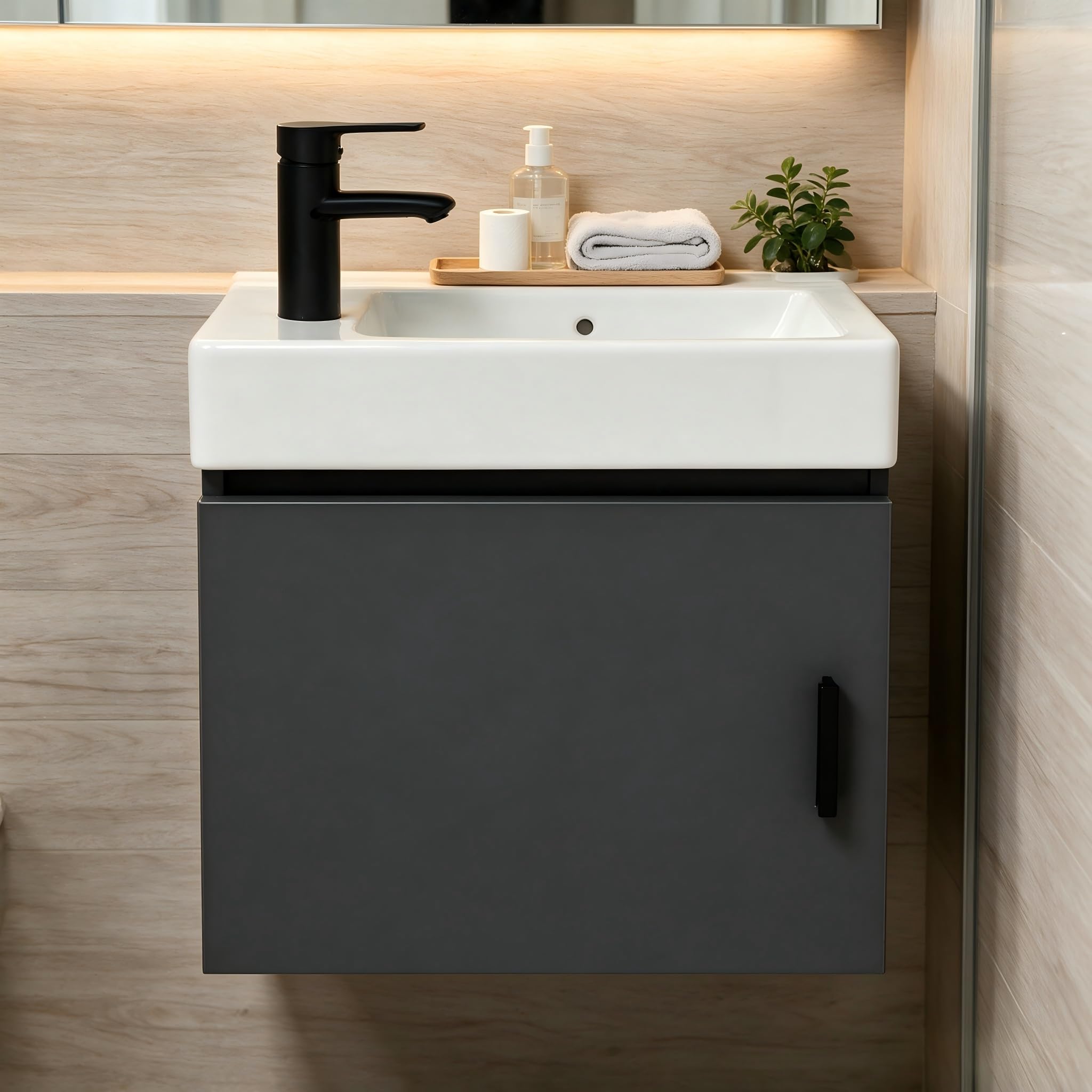 Combo de lavabo de baño de montaje en pared, gabinete de baño flotante de 16.9 pulgadas con lavabo de cerámica integrado, moderno juego de tocador de una sola puerta con grifo negro mate y accesorios