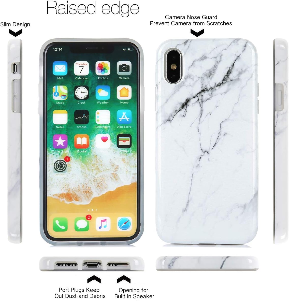 TRENSOM iPhone Xs Case iPhone X Case, Glossy White Marble Floral Pattern, IMD Hybrid Hard TPU Shockproof Phone Cases for Women Girls Men Boys[5.8"]