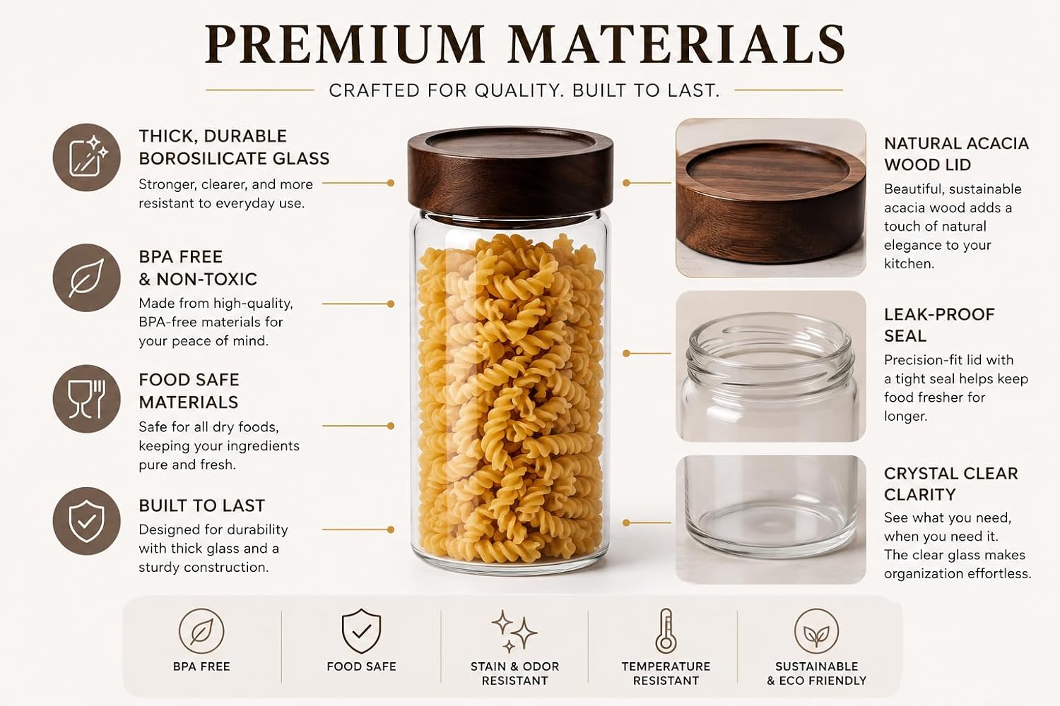 Wide Mouth Glass Storage Jars With 2.5" Acacia Wood Lids - 4 Pack of 6 Oz Food Storage Containers - Borosilicate Glass Canisters Sets For Kitchen - Pantry Organizers and Storage for Rice Coffee Beans