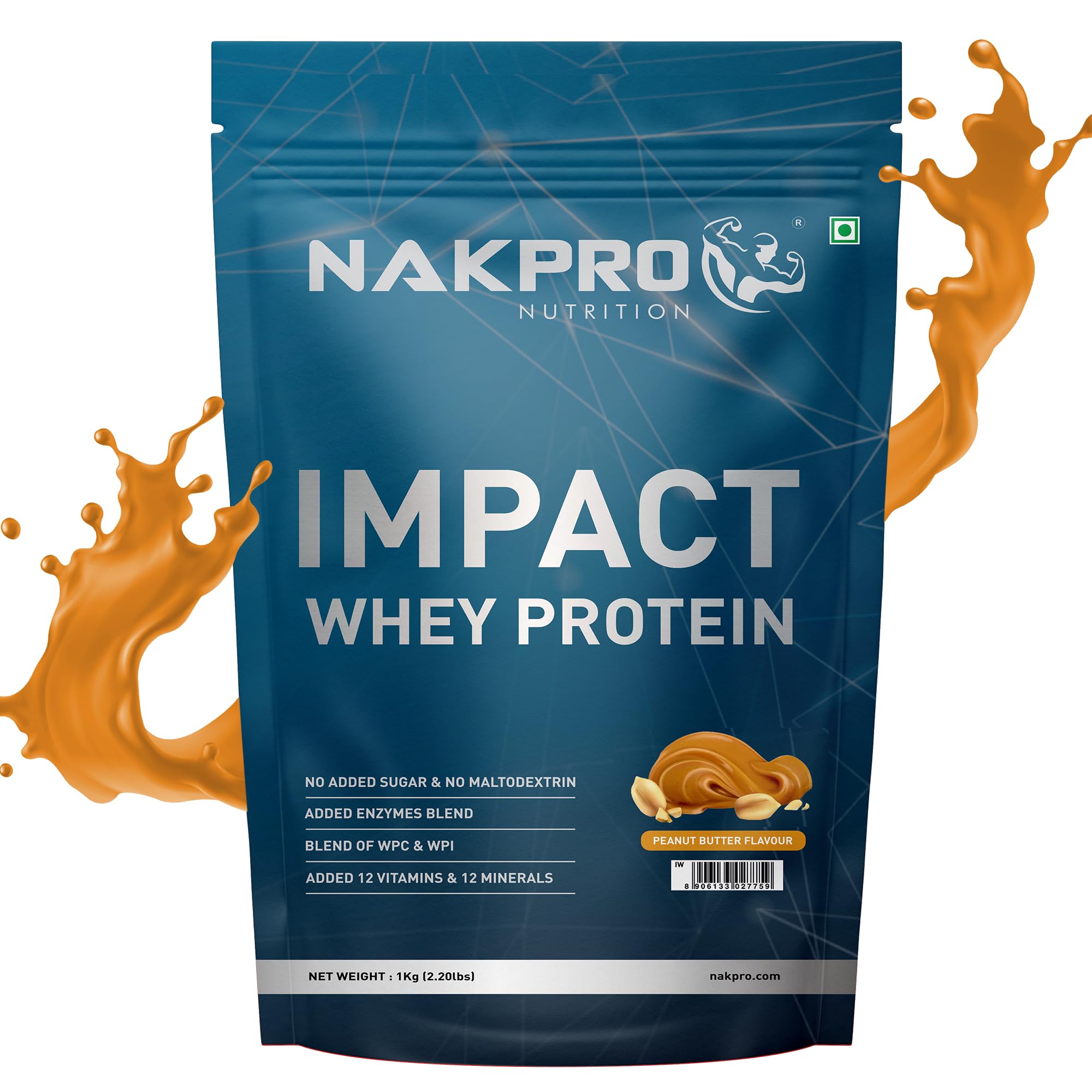 NAKPROImpact Whey Protein 1kg |Isolate & Concentrate |24g Protein & 4.9g BCAA | With Digestive Enzymes for better Absorption |NABL Lab Tested 100% Authentic Supplement Powder - Peanut Butter Flavour