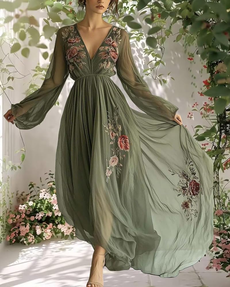Spring Wedding Guest Dress Womens Elegant Floral Long Sleeve Maxi Dress,  Deep V Neck Transparent Long