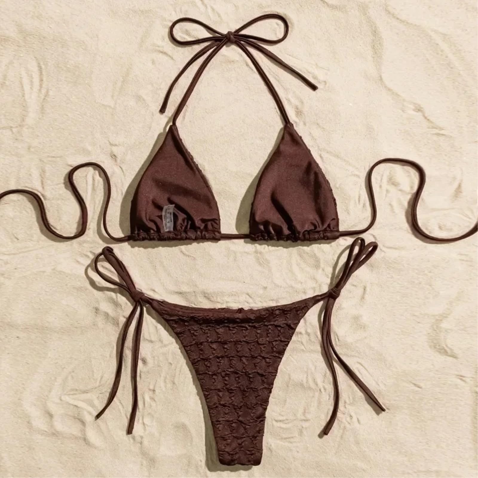 Bikini Mujer Mujeres Leopardo Impresión Triángulo Conjunto Ajustable Cuerda Traje De Baño Ropa Playa-Brown-m