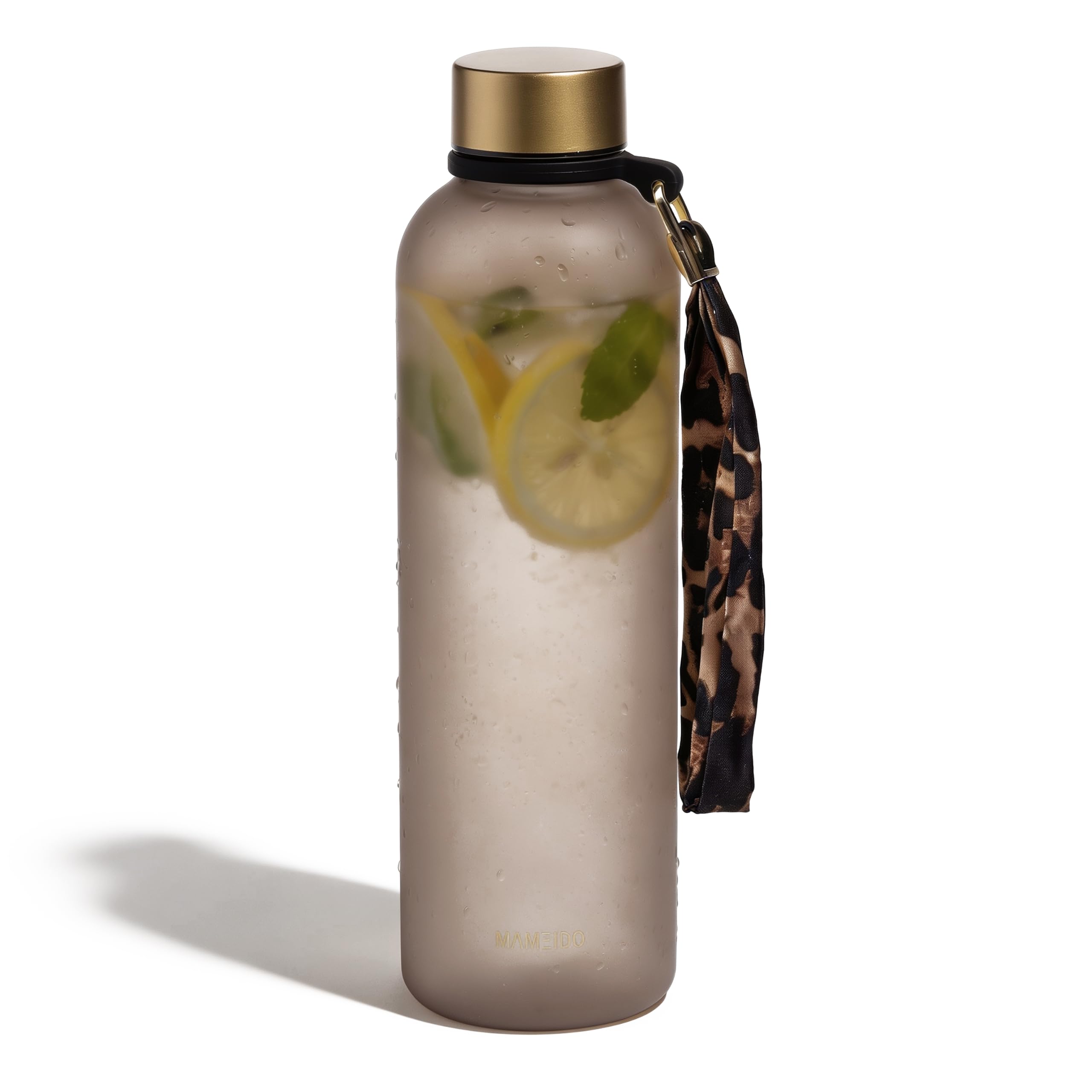 MAMEIDO Trinkflasche mit Zeitmarkierung 1 l (Urban Taupe Gold) | mit abnehmbarer Trageschlaufe, auslaufsicher & Kohlensäure geeignet, BPA-frei, ideal für Sport, Gym & Büro