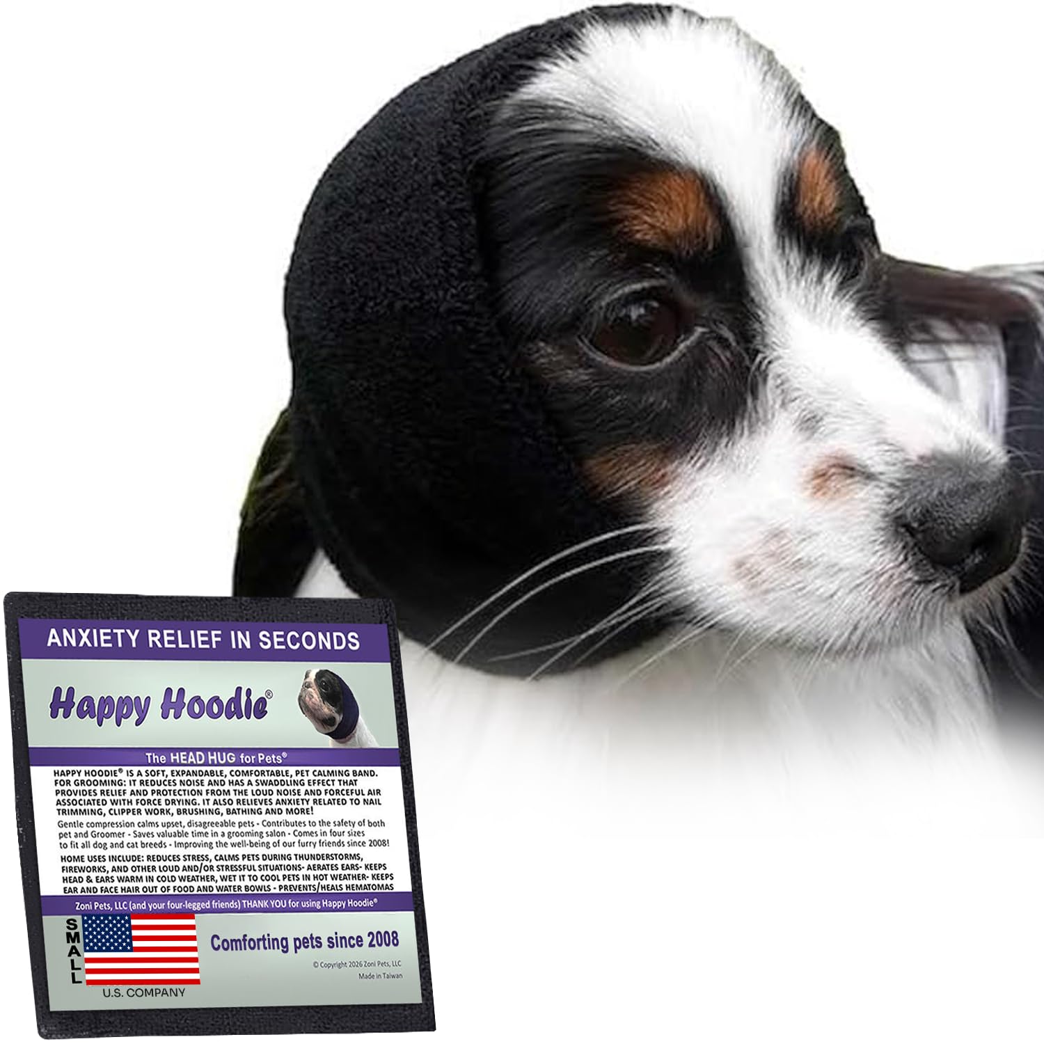 Happy Hoodie The Original Calming Band for Dogs & Cats - for Anxiety Relief & Calming Dogs – Noise Canceling for Dogs - The Force Drying & Grooming Miracle Tool Since 2008 (Small, Black)