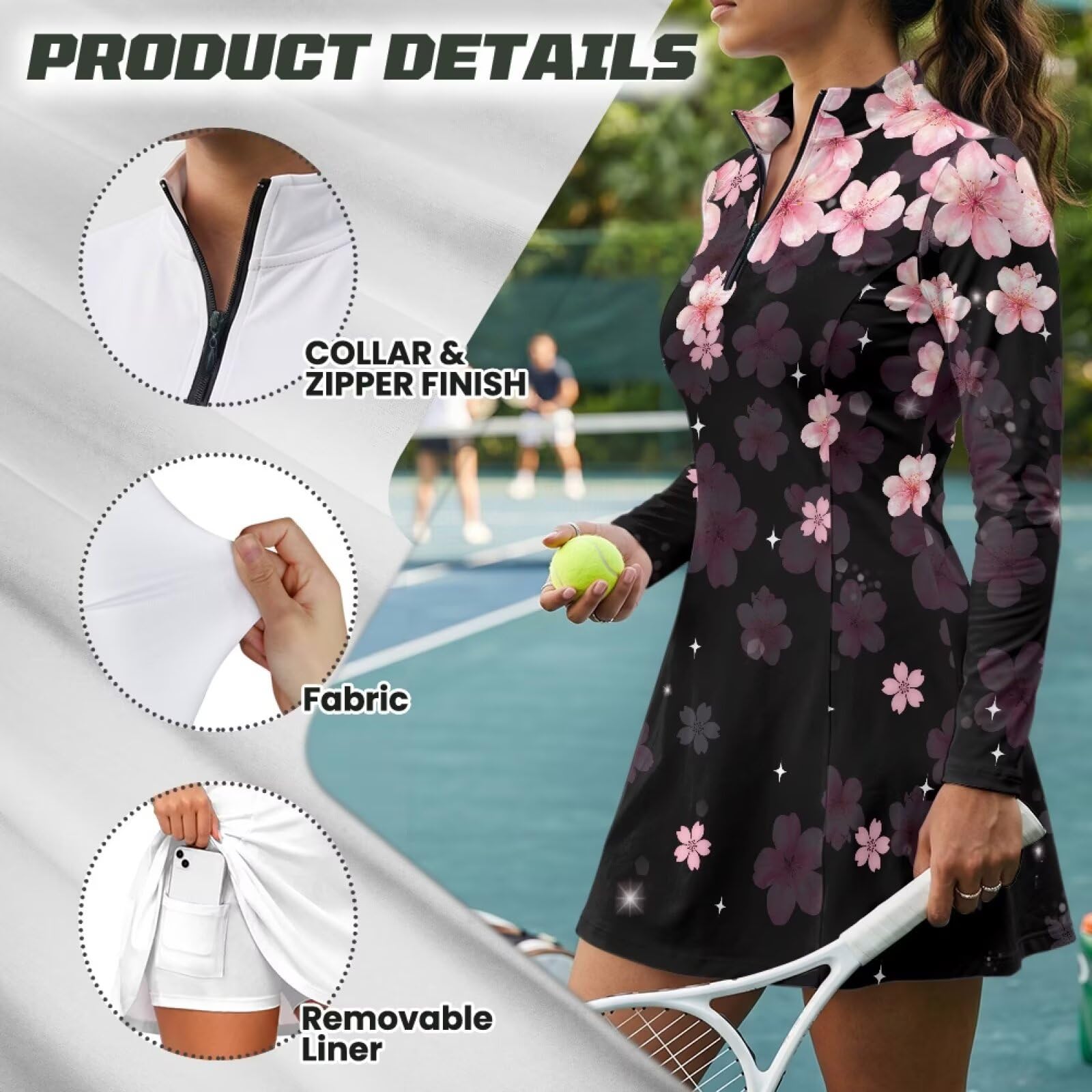 Xoenoiee Sukienka golfowa dla kobiet z długim rękawem, zamek 1/4, tenisowa sukienka sportowa z wbudowanymi szortami i kieszeniami, S-2XL