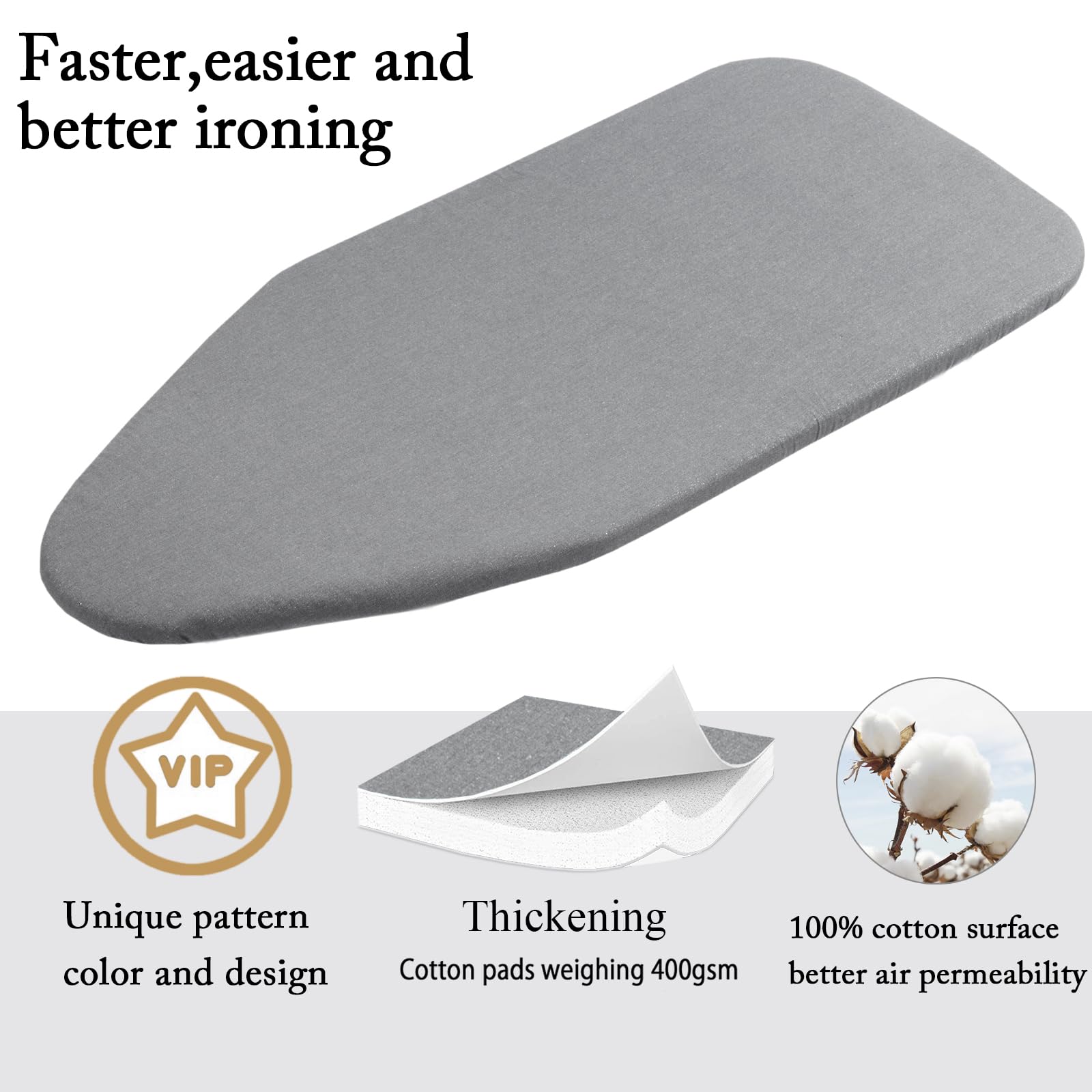 Funda acolchada para tabla de planchar de 12.5 x 32 pulgadas, resistente a las quemaduras, funda de hierro de algodón con acolchado reflectante de calor resistente (gris, 12.5 x 32 pulgadas)