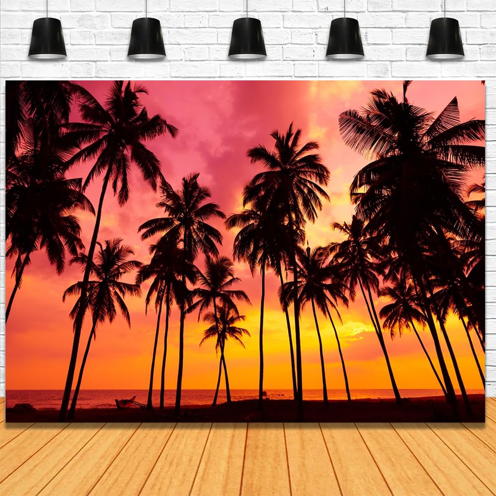 7x5ft Summer Seaside Sunset Photography Backdrop Palm Trees Silhouettes On Tropical Beach Photo Background Hawaii Luau Party Decorations Banner