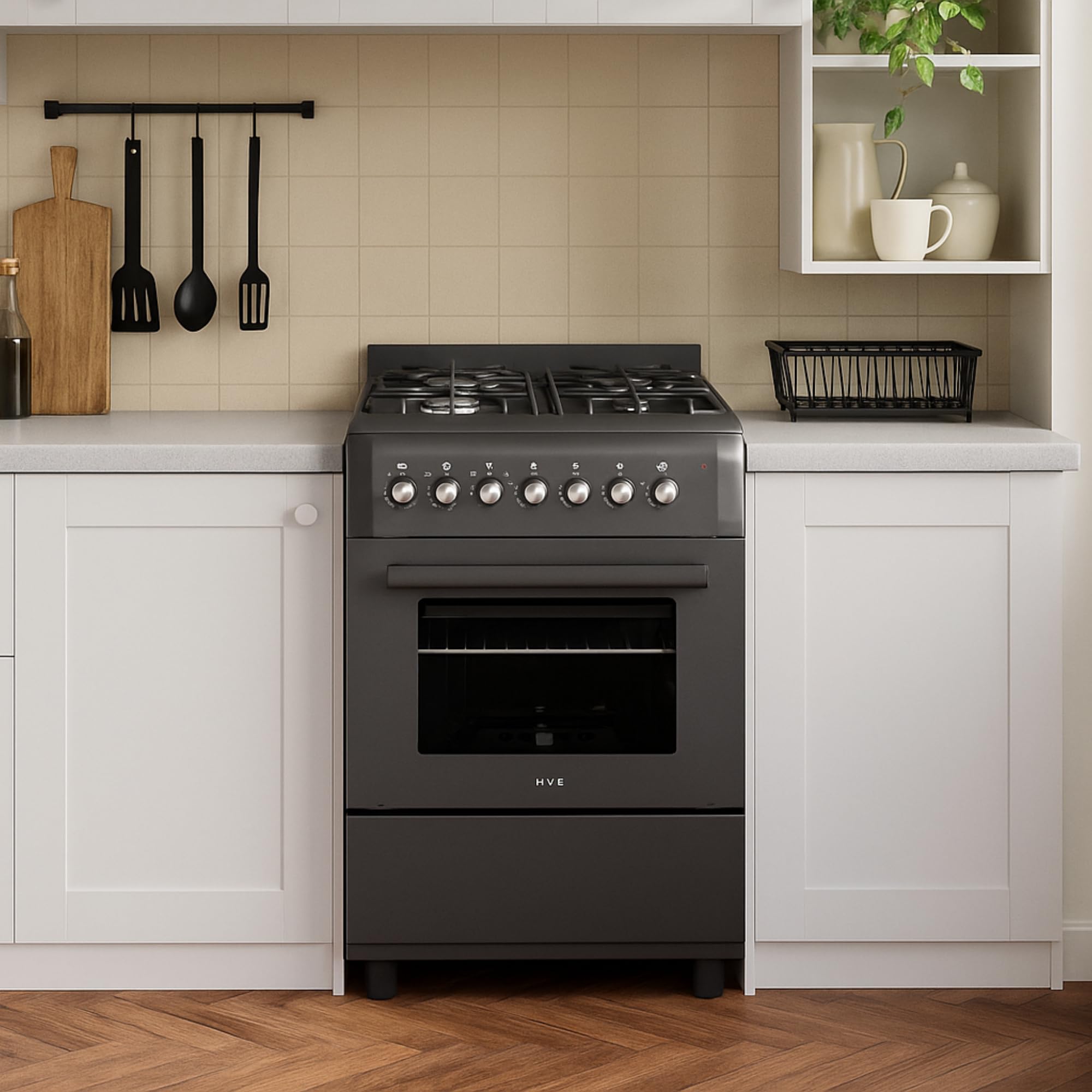 HYE Cooker - Gas Cooker With 4 Gas Burners, 62L Electric Oven, 60cm Width, Modern Freestanding Design, Black, Ideal For Family Homes - C01FS60G17 — view 7