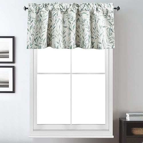 Miniatura 2 de VOGOL Cenefas azules para ventanas, preciosas cortinas de ventana con estampado de hojas, cenefas de cocina con bolsillo para barra, para ventanas,