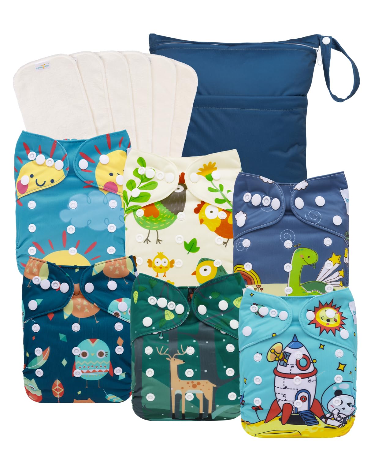 babygoal AWJ Cloth Diapers with Tummy Panel Pack of 13, 6 Diaper Cover with 6 Inserts and Wet Dry Bag, Adjustable Washable Reusable for Baby Girls and