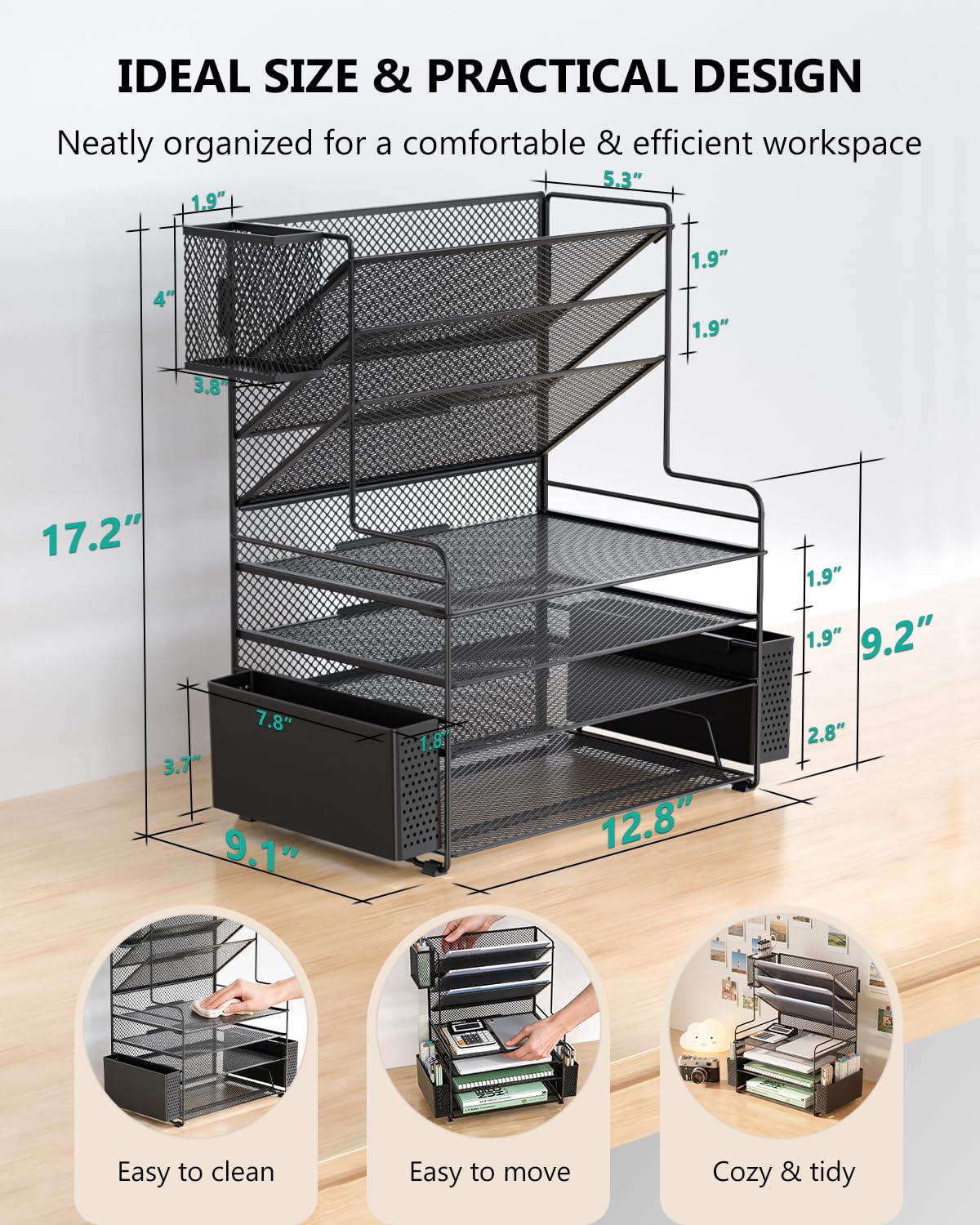 WALI Desk File Organizer, 7 Tier Desktop Paper Letter Tray Organizer with Drawer and 3 Pen Holders, Office Desk Accessories & Workspace Organizers for Office, Home, School Supplies, 1 Pack, Black view 8