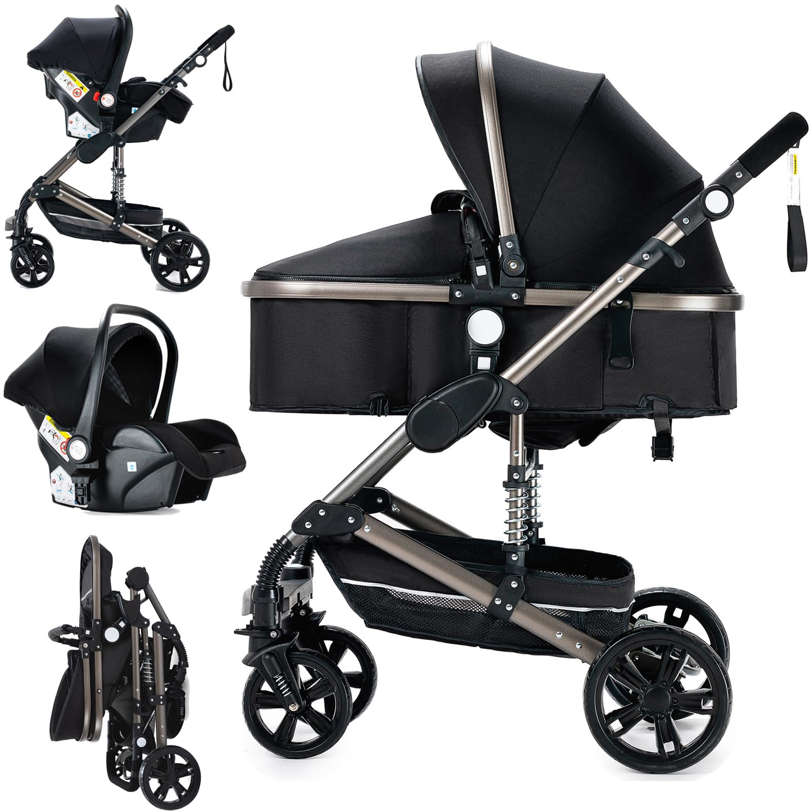 MoLi Carrito de Bebe 3 en 1, Carro Bebe 3 Piezas Plegado Conveniente con Un Solo Clic, Carrito Bebes con Modo de Doble Empuje Reversible, Cochecito Tres Piezas Paisaje Alto (739 Black)