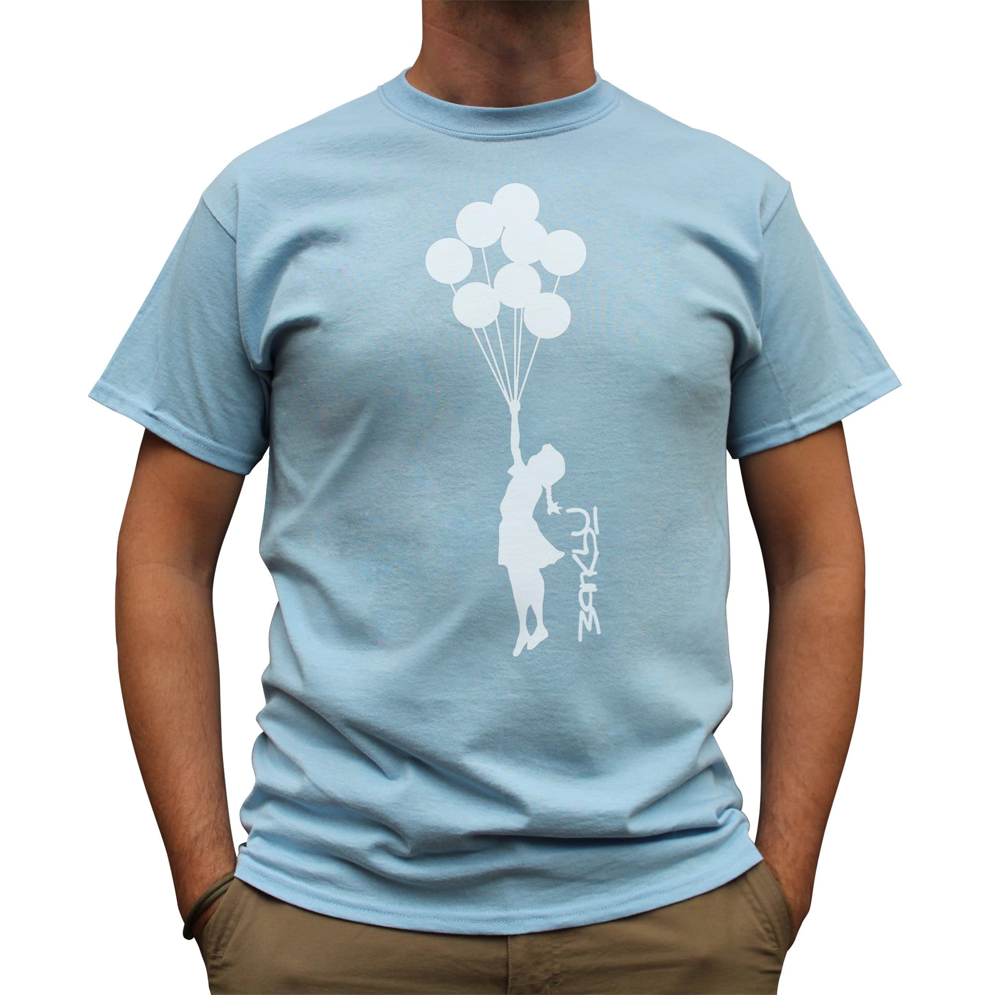 Nutees Banksy Girl with Balloons Graffiti Mens T-Shirt (Light Blue), Medium