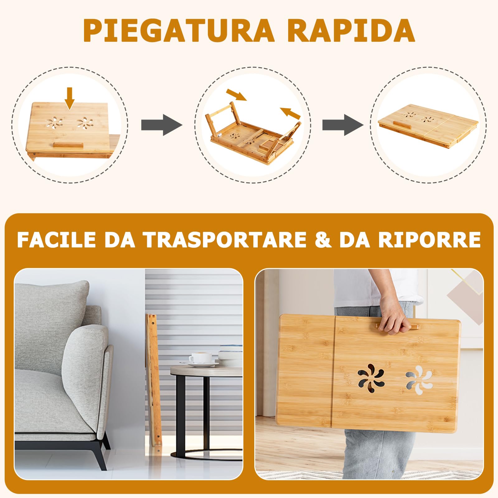 GYMAX Tavolino per Computer Portatile in Bambù con Piano Inclinabile a 4 Livelli e Cassetto, Tavolo Pieghevole con Altezza Regolabile, Fori di Raffreddamento, Supporto per Computer (Naturale)