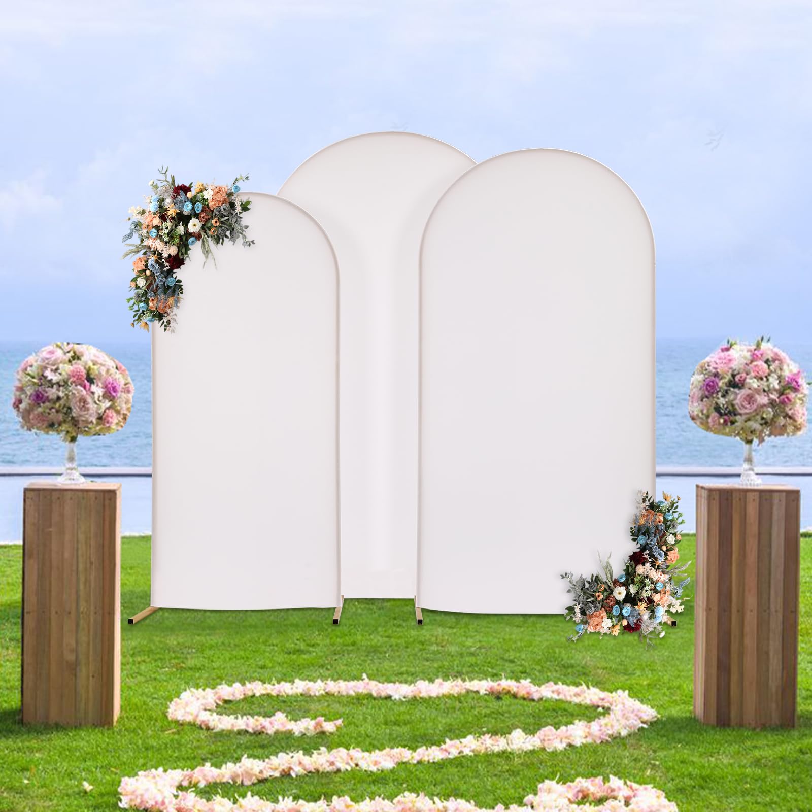Wedding Arch Cover,3PCS Balloon Arch Frame Kit Set (7.22FT, 6.56FT, 5.91FT), Wedding Columns Bracket Frame Display Background for Birthday, Party, Banquet Decoration (White+Gold Stand)
