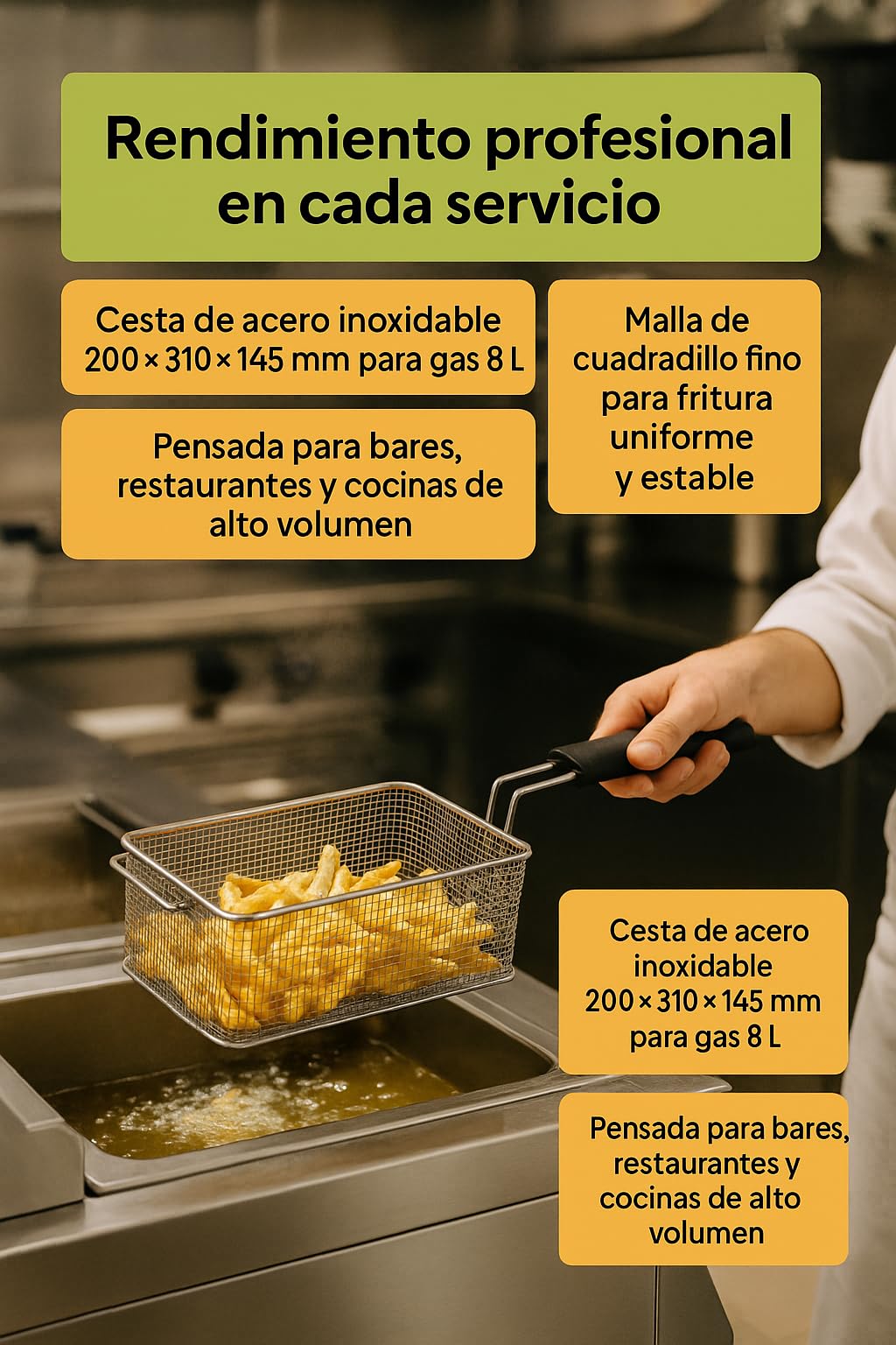 CubetasGastronorm ® Cesta Freidora Gas 8L 200x310x145mm Acero Inoxidable Cocina Profesional Recambio Universal Compatible Con Lucca Aurora GF-2X8L GF-8L Asa Fria Para Freidoras De Hosteleria Plus