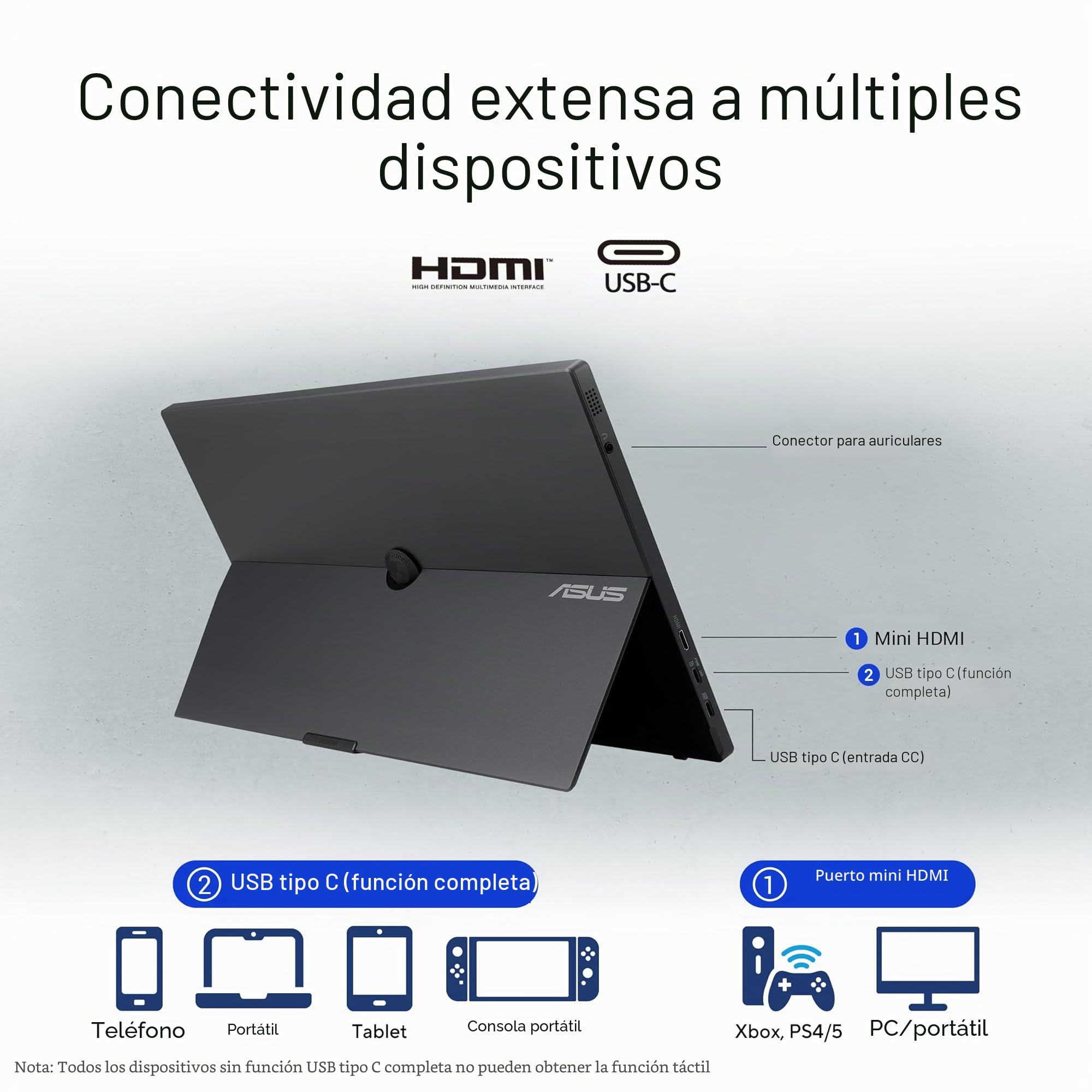 ASUS ZenScreen Touch MB16AMTR Monitor USB portátil de 15.6 Pulgadas, FHD (1920 x 1080), IPS, táctil, batería integrada, señal híbrida, Mini-HDMI, Toma para trípode, Flicker Free, Low Blue Light