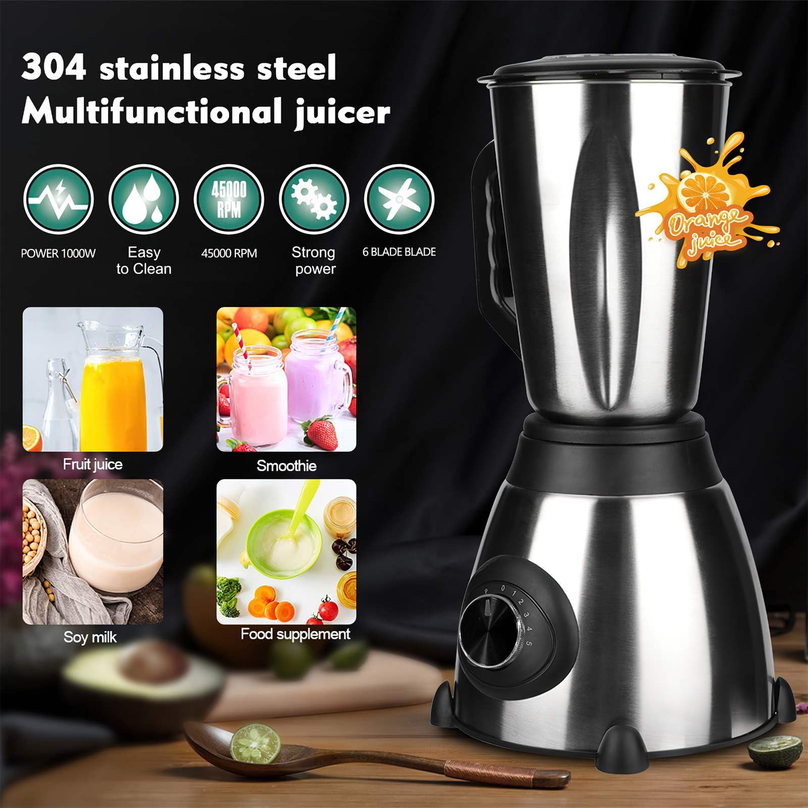 Batidora de 1,5 l, cuenco de jugo de acero inoxidable 1000 W, licuadora para batidora, jugo de frutas y verduras, licuadora portátil para deportes, viajes y hogar (Negro)