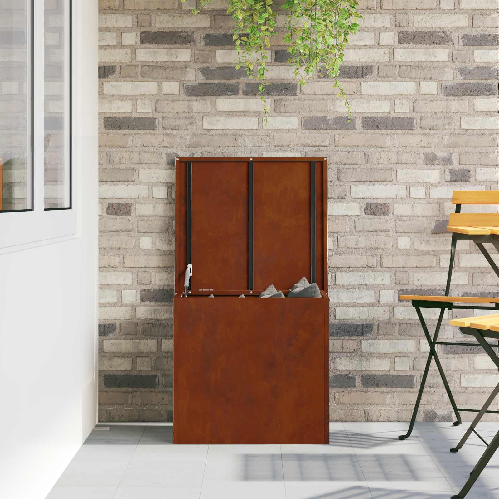 Contenitore industriale per esterni in acciaio inossidabile, 55 x 50,5 x 50 cm, resistente alle intemperie, con coperchio sollevatore a gas per un accesso sicuro e salvaspazio all'aperto.