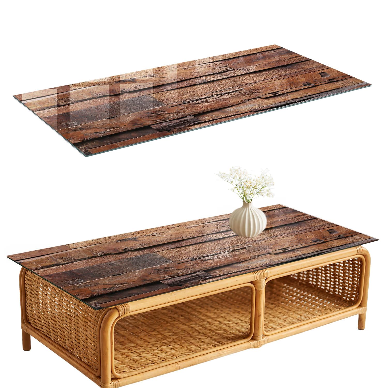 Placa de Cristal 125x50 cm | Rectangular | Bordes Pulidos | Madera rústica | para la Cocina y Salón | con Impresión Decorativa | Pies Antideslizantes | Vetro Temperato