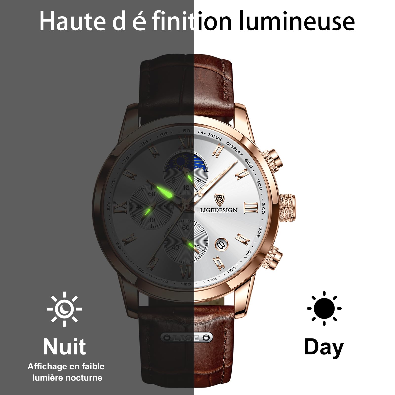LIGE Montre Homme, Chronographe Quartz Analogique, Cadran Chronographe Jour-Lune, Bracelet en Cuir, Aiguilles Luminescentes, Affichage de la Date, Montre Homme Etanche 3ATM, Outdoor Décontracté