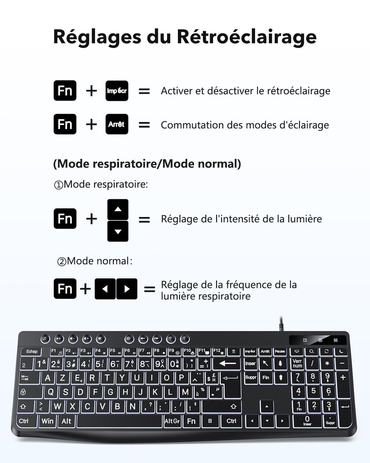 OMOTON Clavier Rétro-éclairé AZERTY, Clavier Filaire avec Grande Touches et pavé Numérique, Keyboard Facile à Lire Compatible PC Windows pour Les Malvoyants, Seniors, Enfants, Bureau et Usage
