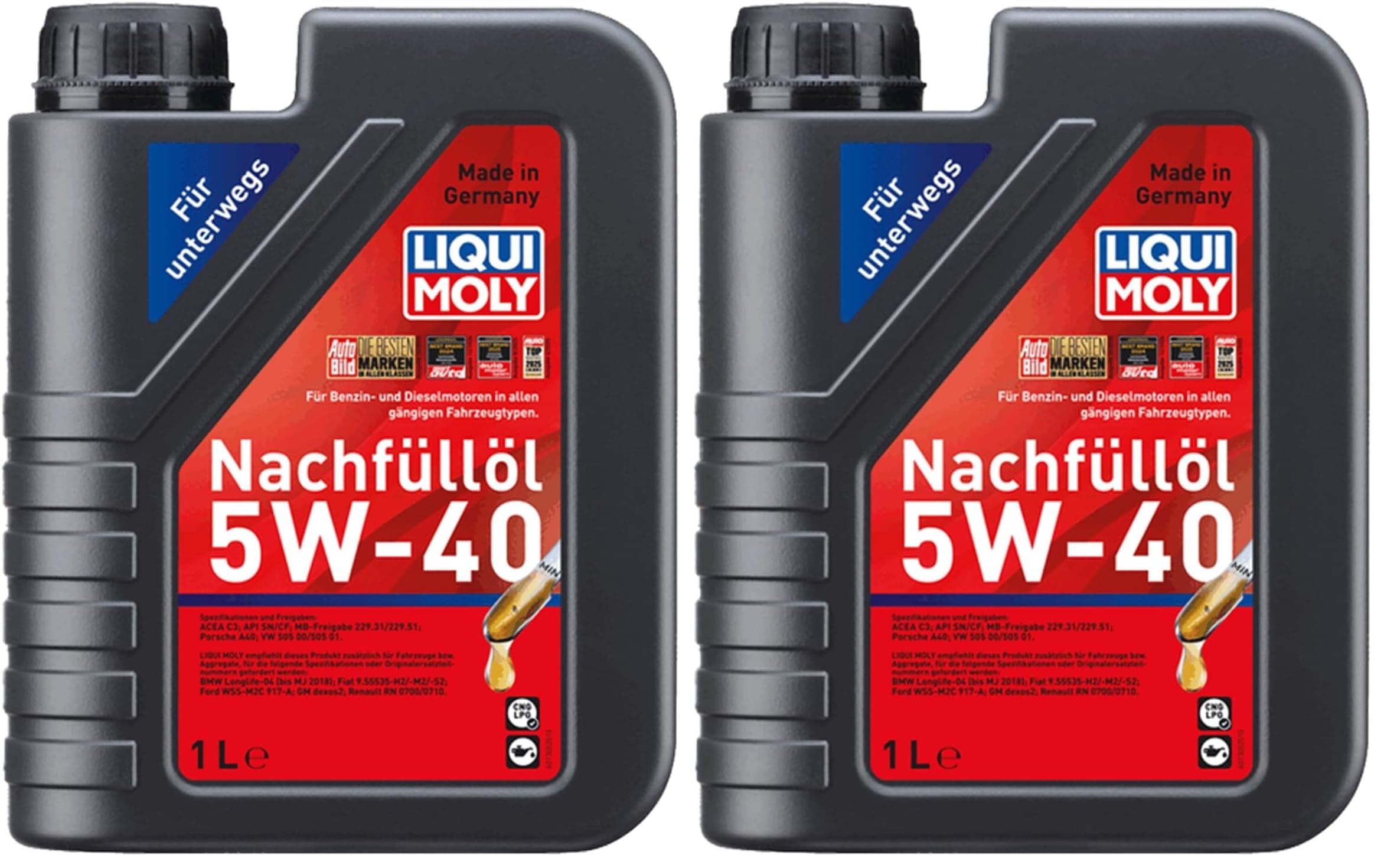 LIQUI MOLY Nachfüll-Öl 5W-40 | 1 L | Tecnología de síntesis Aceite de motor | 1305 (Paquete de 2)
