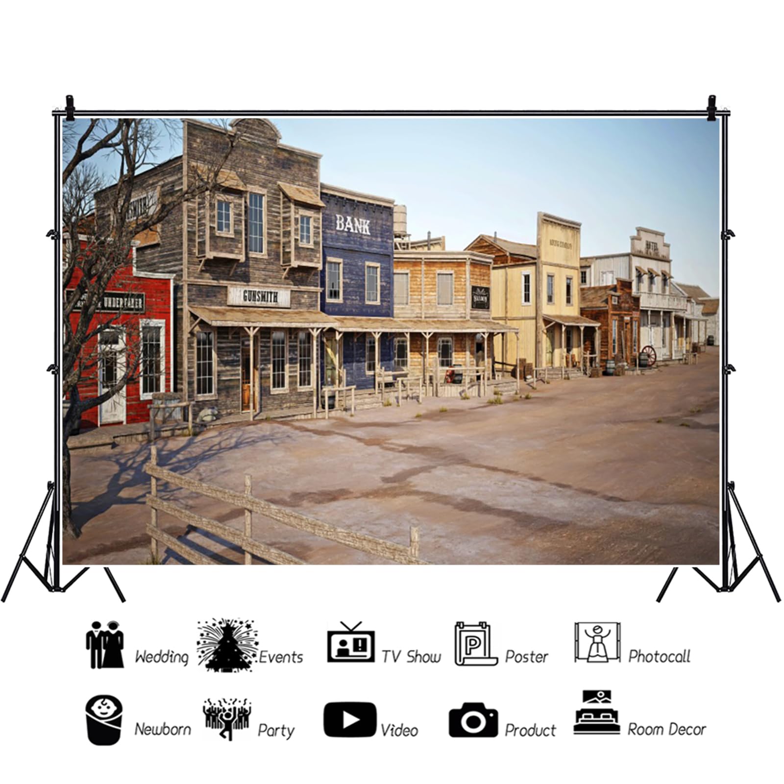 YongFoto 4,5x3m Country e occidentale Sfondo Wild West Città Negozio Casa di legno Squallido Sfondi fotografici Bambini Adulti Decorazioni per feste occidentali Sfondo Cowboy Sfondo fotografico