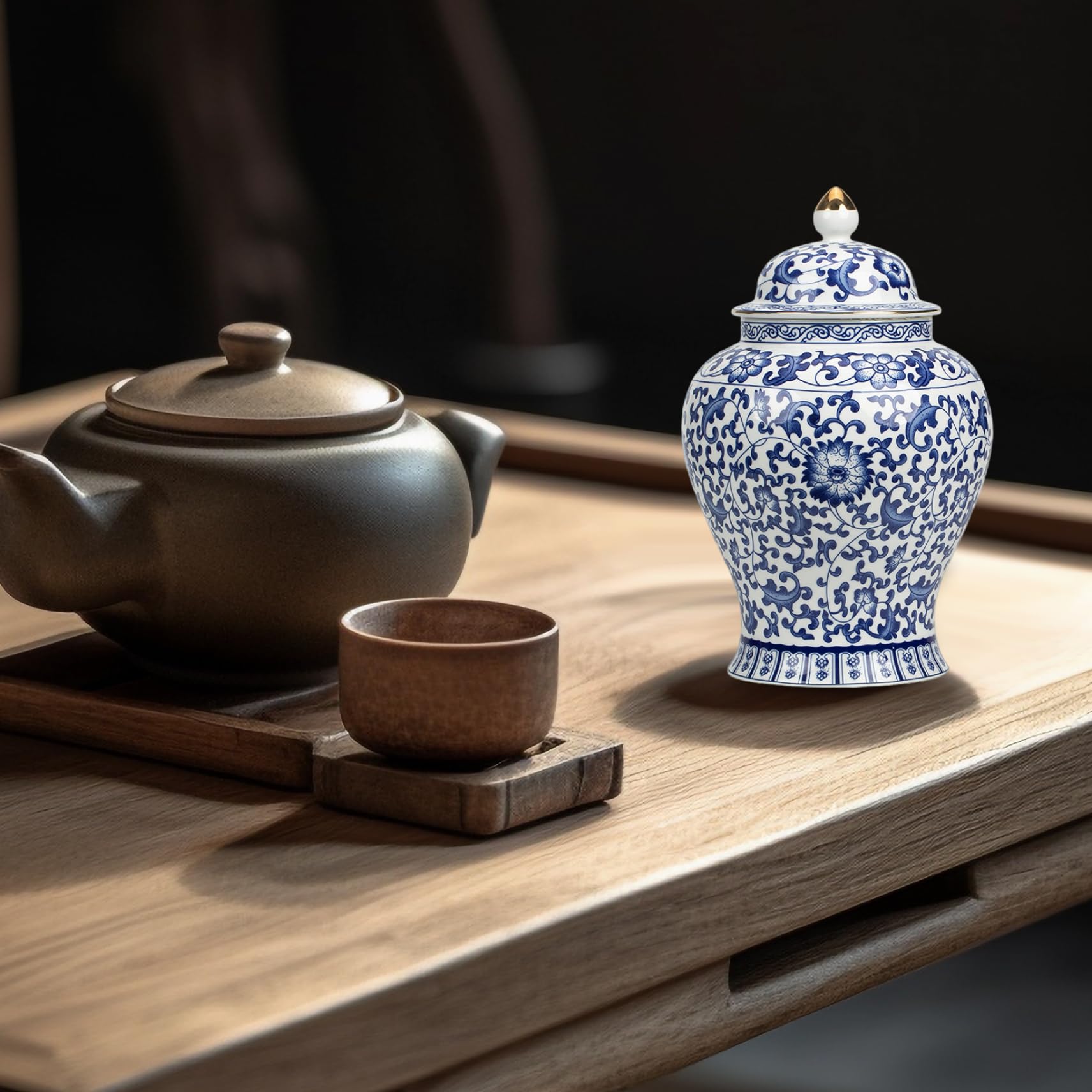 Frascos de jengibre para decoración del hogar, frascos de jengibre azul y blanco decorativos de cerámica con tapa, decoración de jarrones de porcelana para mesa, sala de estar, estantería#