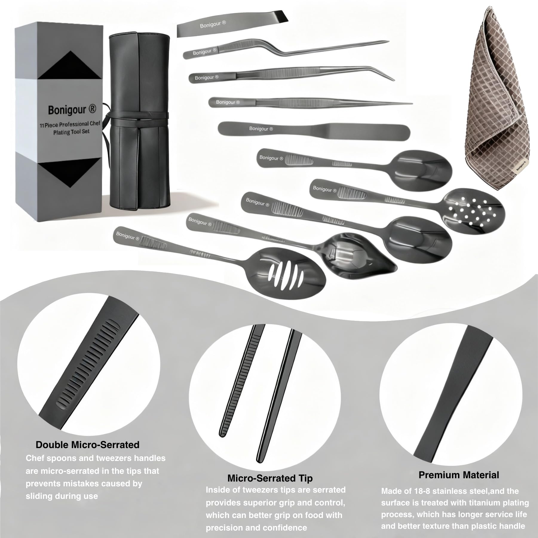 Ensemble d'outils de placage culinaire | Kit professionnel de 11 outils de placage de chef | Ustensiles de cuisine | Cuisine moderne | Acier inoxydable | Noir