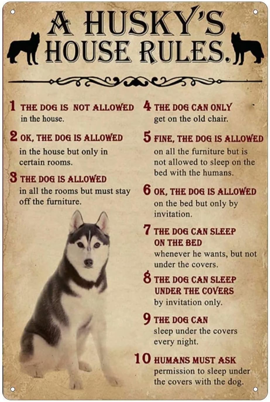 peiyeety Vintage Rule Metal Poster A Husky'S House Rules Printing Tin Sign Coffee Shop Kitchen Home Art Wall Decoration Plaque 8"x12"