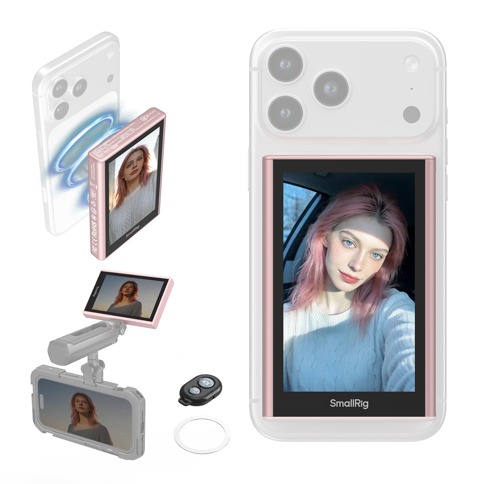 SMALLRIG Monitor Inalámbrico Rosa 1080P para Teléfonos (Soporta 4K 30fps), Monitor Magnético para MagSafe, para iPhone, Vlogging y Transmisiones en Vivo - 5746