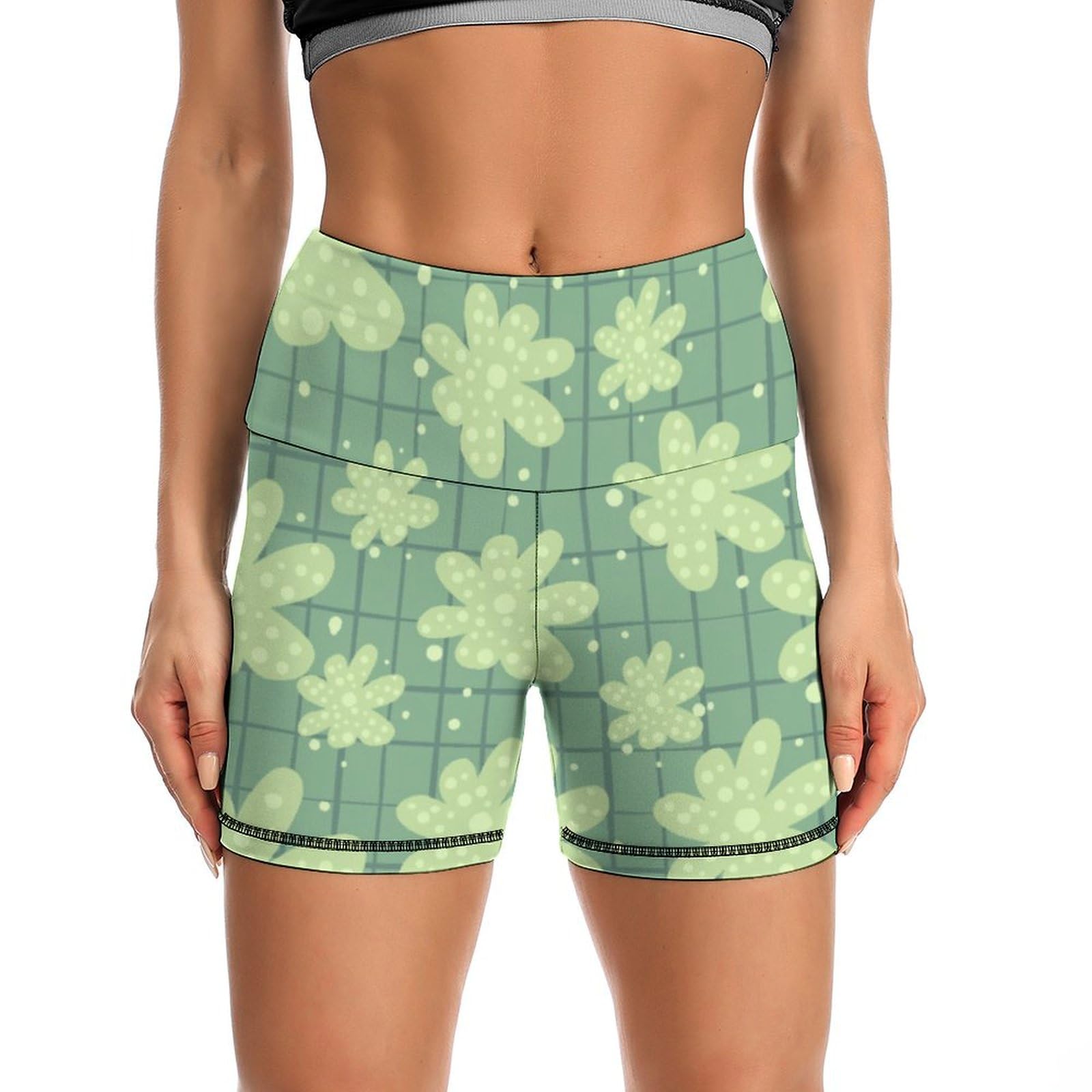 Cute Daisy Print High Waist Yoga Shorts for Women Athletic Shorts Leggings Running Pants Black