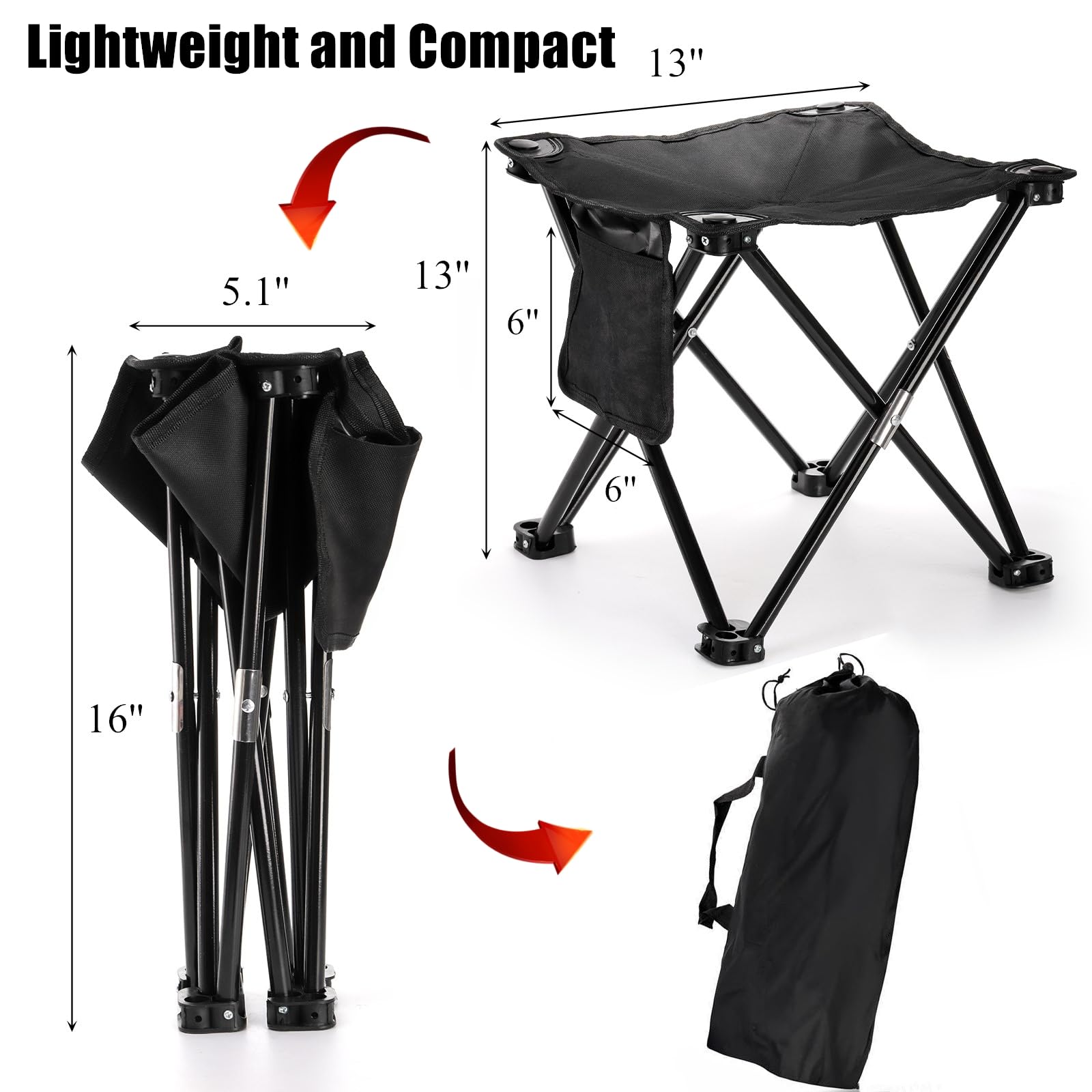 Cididu 2 Pack Camping Stool, 13 Inch Compact Camping Chair Portable, Lightweight Folding Stool Seat with Side Pocket and Carry Bag for Outdoor Hiking, Fishing, Picnic, Beach and Lawn Party, Black