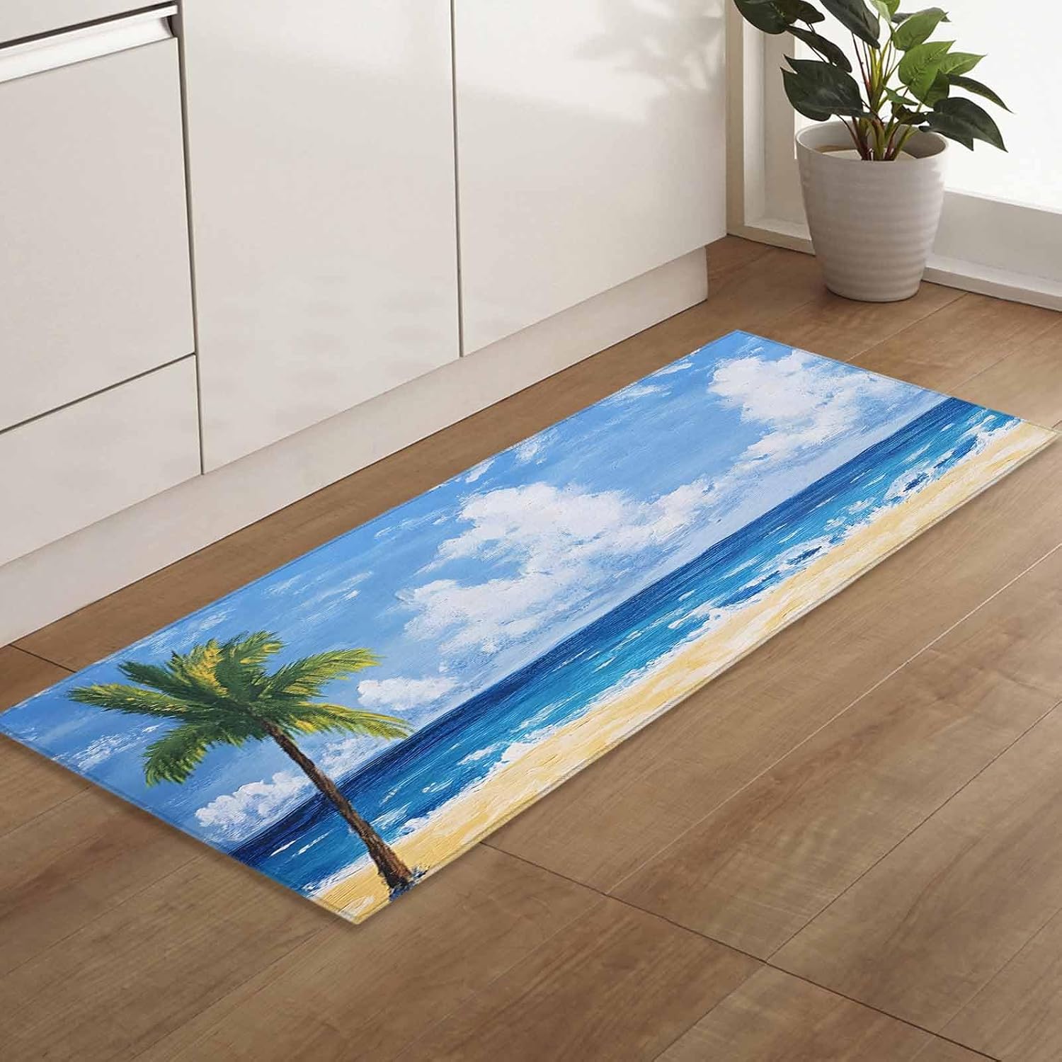 Kitchen Mats for Floor Summer Beach Coconut Tree Blue Ocean Washable Non Slip Kitchen Rugs 1PCS, Watercolor Oil Painting Style Absorbent Standing Mats for Sink Bathroom Office Living Room 23.6x70.9in