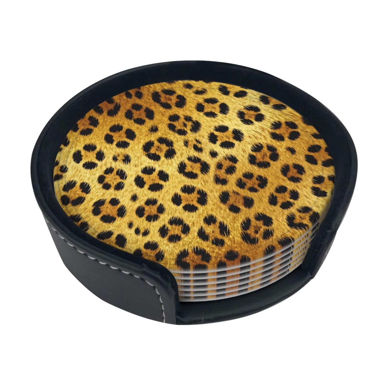 Cntdbu White Yello Leopard Print Leather Coasters Set Of 6-Pu Leather Drink Mats For Table, Heat Resistant Round Coasters With Holder