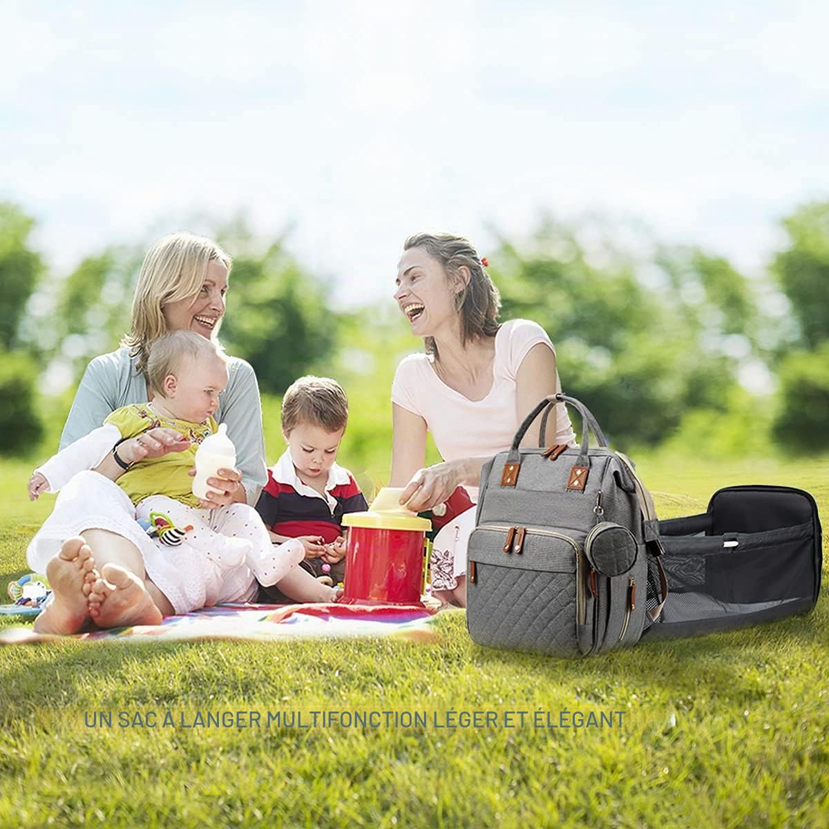 Sac à Dos à Langer pour Bébé, Sac à Dos Pour lit bébé, Sac à langer de voyage portable avec lit pliable Grande Capacité Sac à Couches Multifonction Imperméable-(Gris)
