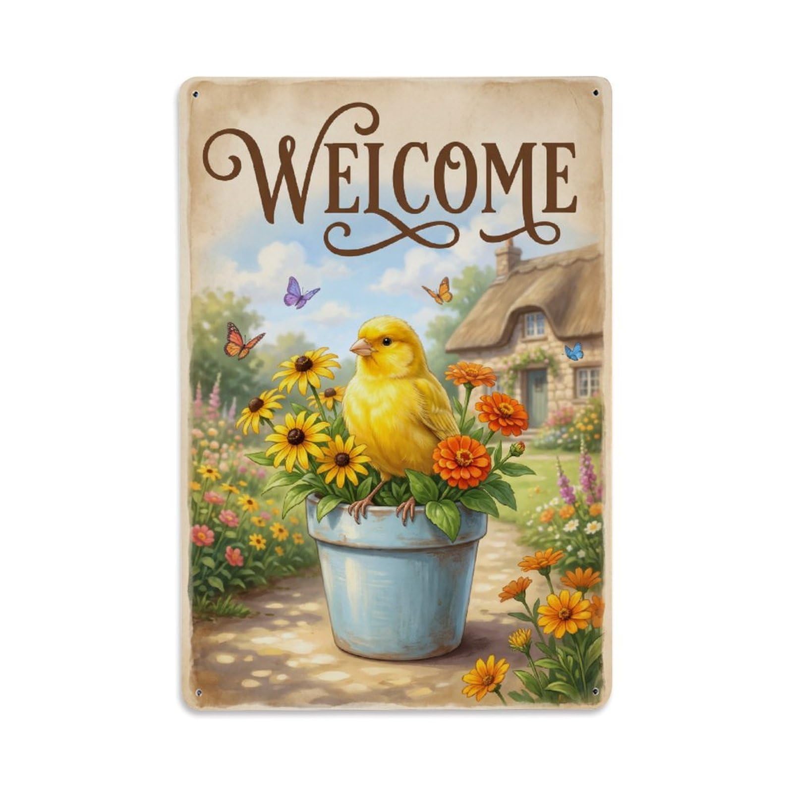Cxhjca 8X12inch(20X30cm) Vintage Welcome Canary Warm Wishes Metal Tin Sign