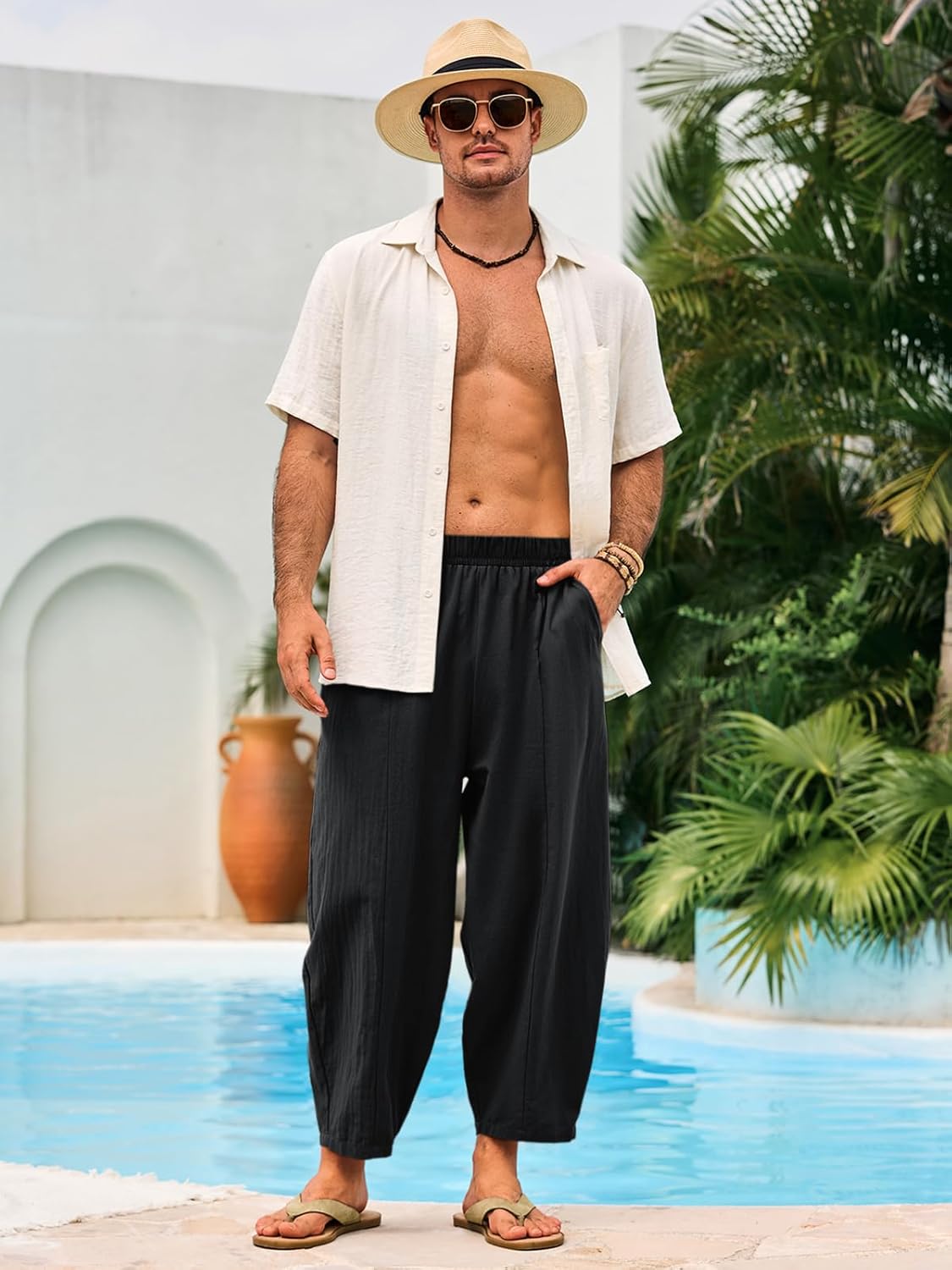 Runcati Mens Harem Pants Casual Elastic Waist Drawstring Cotton Cropped Pants Baggy Hippie Boho Beach Yoga Trousers - Image 5