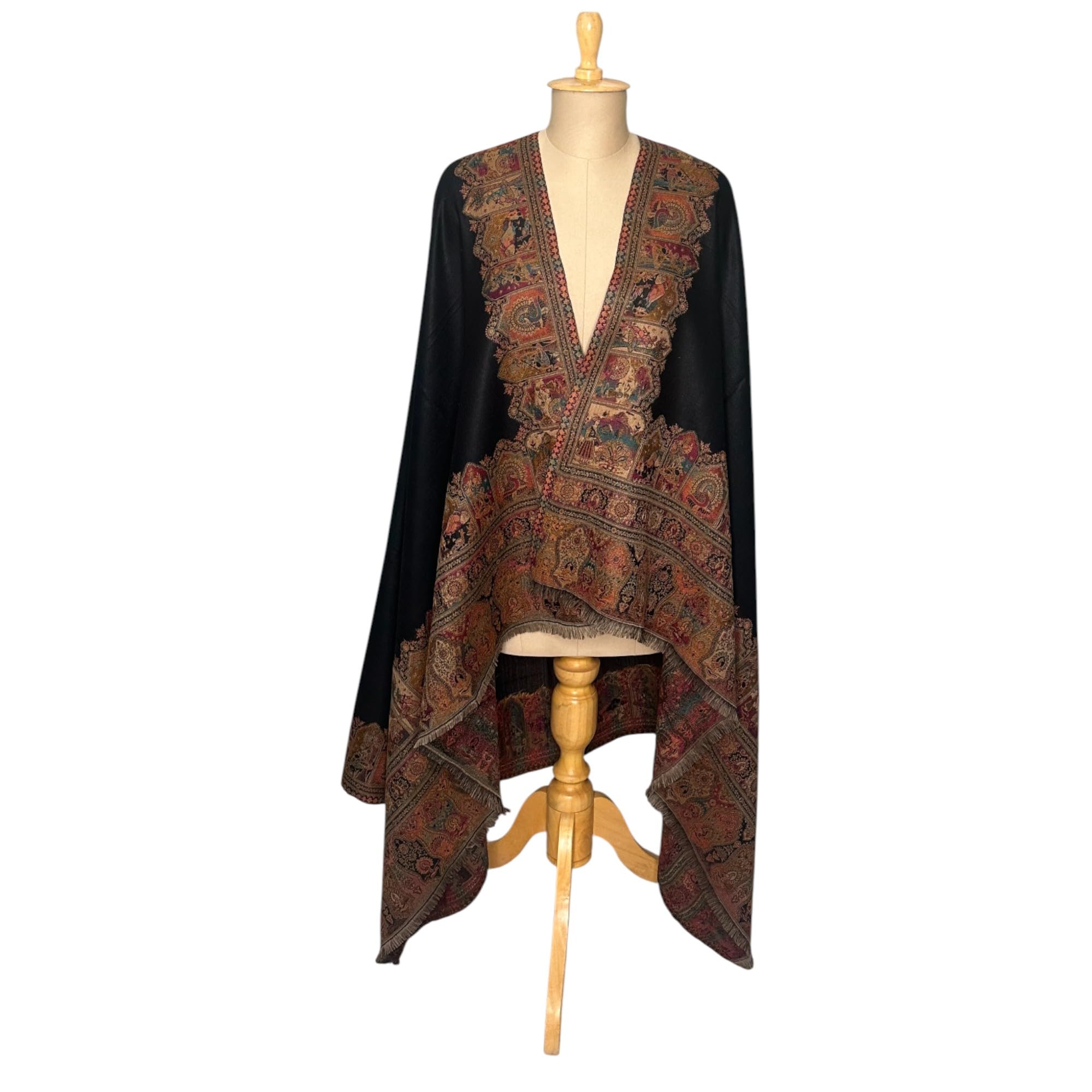 Unisex Fine Wool Black Shawl with Beautiful Paisley and Ancient Design on Borders-image-19