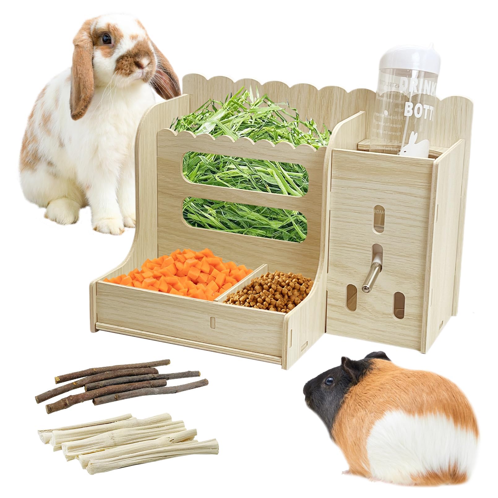 Hamiledyi Rabbit Hay Feeder Guinea Pig Food Holder Bunny Wooden Food Bin Feeder with Water Bottle Small Animals Hay Manger Wood Food Bowls for Guinea Pigs Rabbits Chinchillas Bunnies