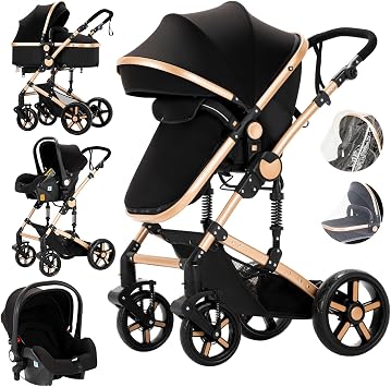 Magic ZC 3 in 1 Pushchair Pram Travel System, Baby Stroller 3 in 1 with Reversible Two Pushing Modes, Newborn Infant Buggy Aluminum Frame, Toddler Carriage One-Click Folding Black Gold 588-1